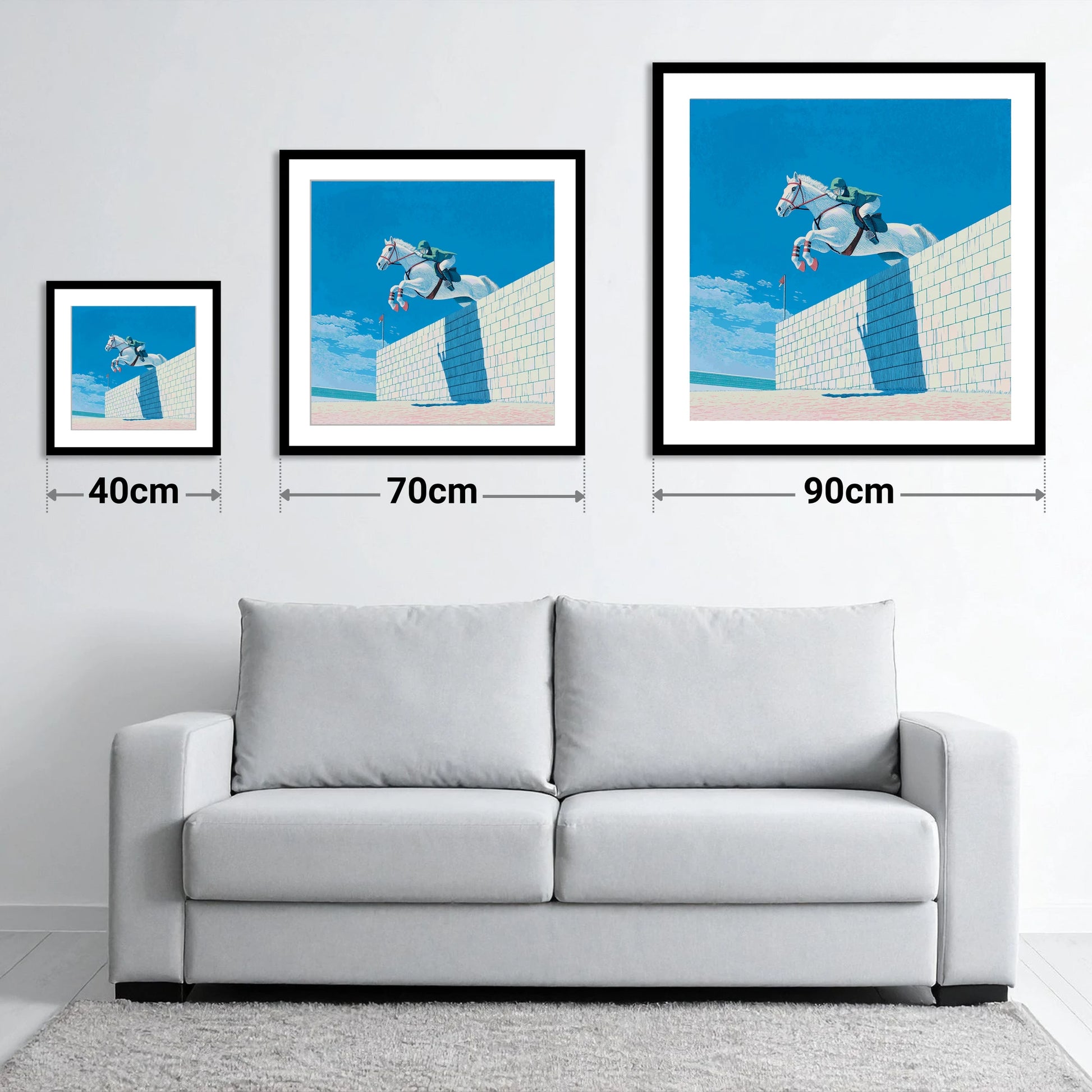 Clearance at the Wall - size guide showing 40cm, 70cm and 90cm art prints