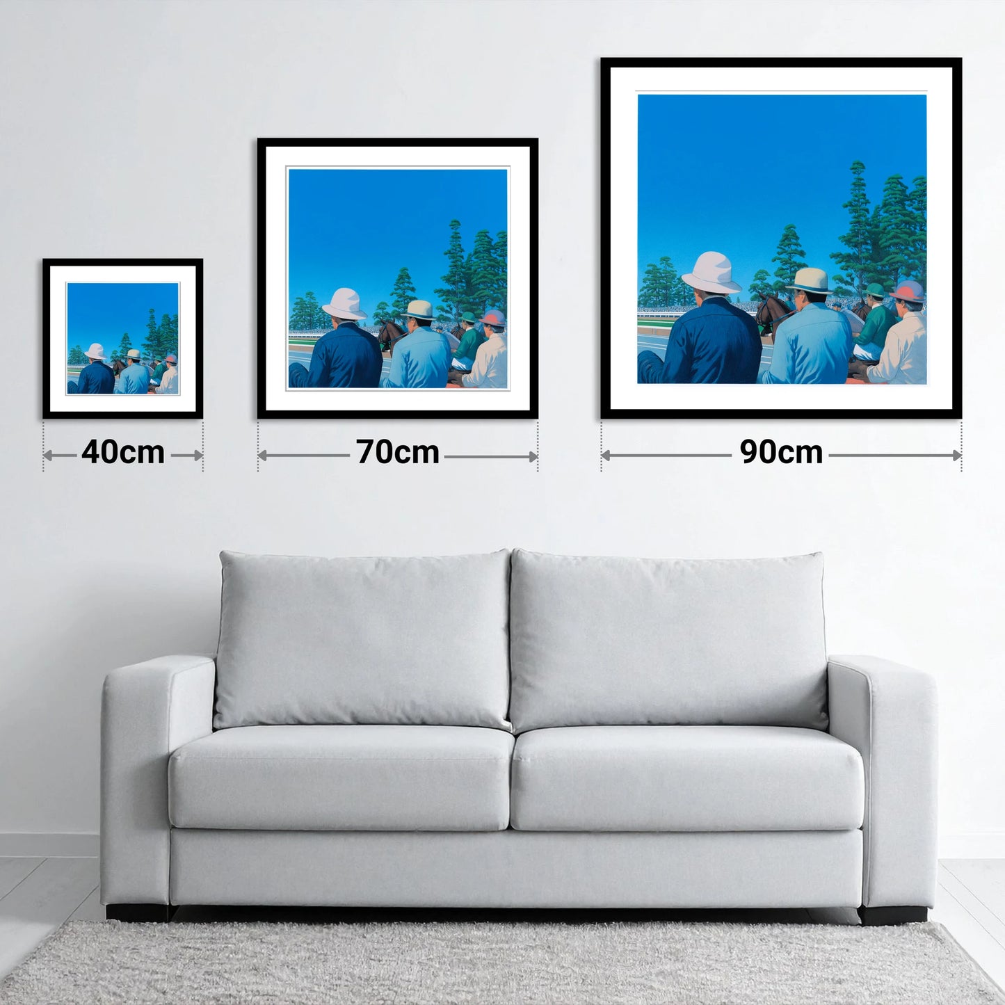 Trackside Anticipation - size guide showing 40cm, 70cm and 90cm art prints