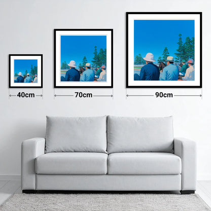 Trackside Anticipation - size guide showing 40cm, 70cm and 90cm art prints