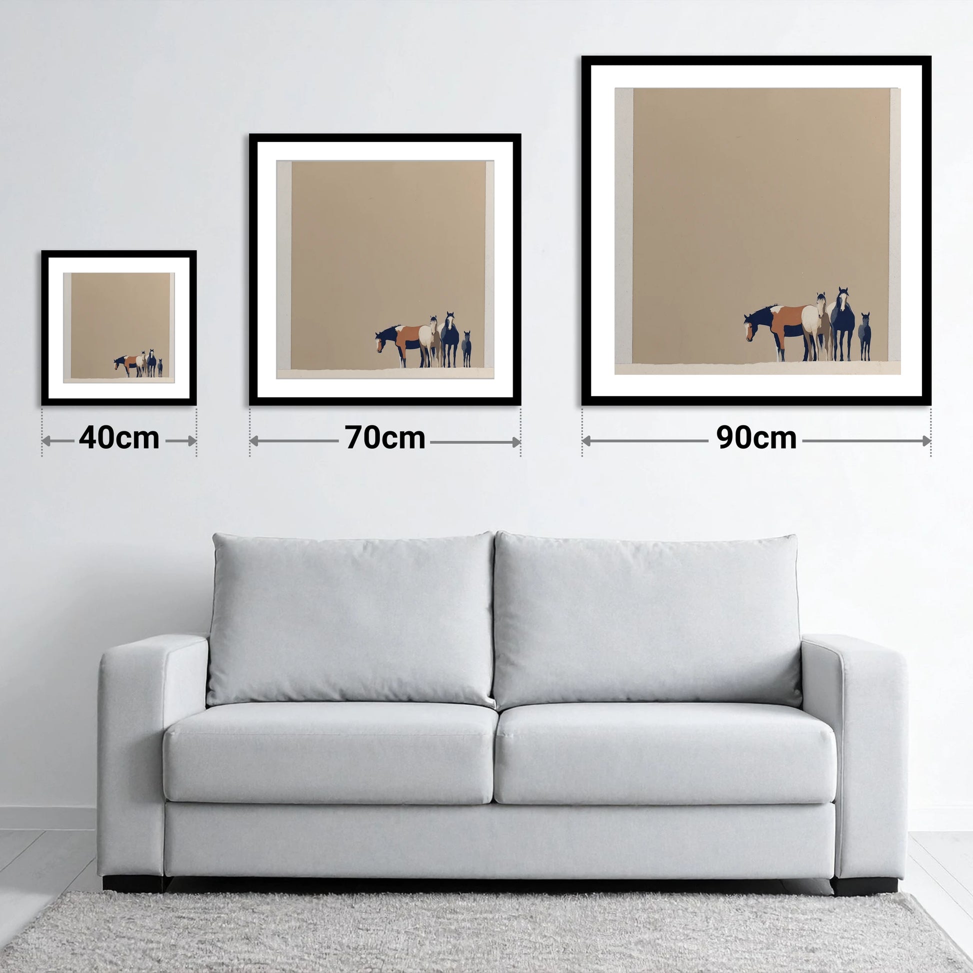 Quiet Desert Herd - size guide showing 40cm, 70cm and 90cm art prints