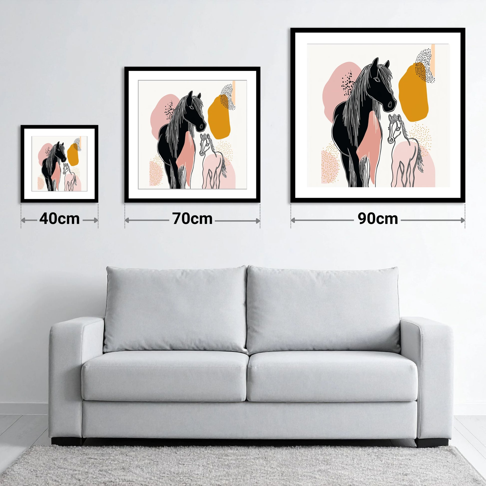Contemporary Equine Bond - size guide showing 40cm, 70cm and 90cm art prints