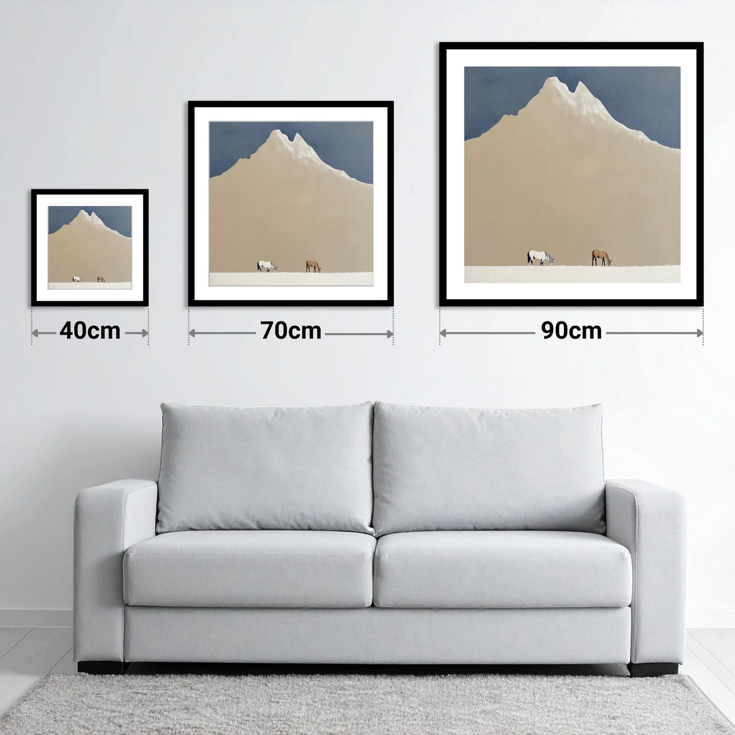 Beneath the Golden Peak - size guide showing 40cm, 70cm and 90cm art prints