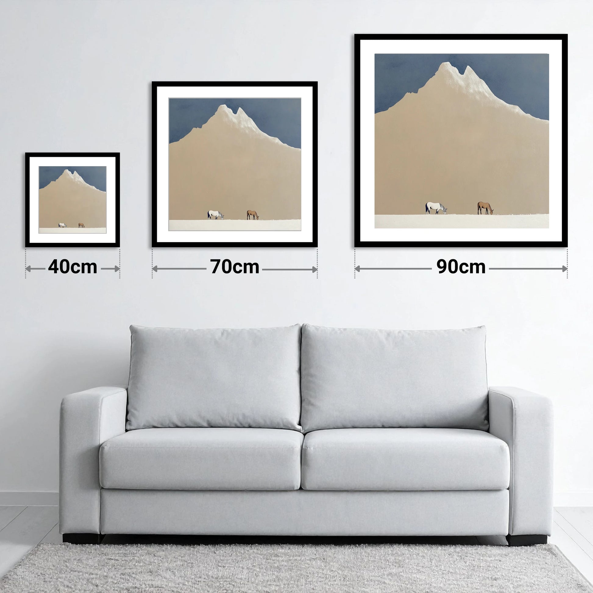 Beneath the Golden Peak - size guide showing 40cm, 70cm and 90cm art prints