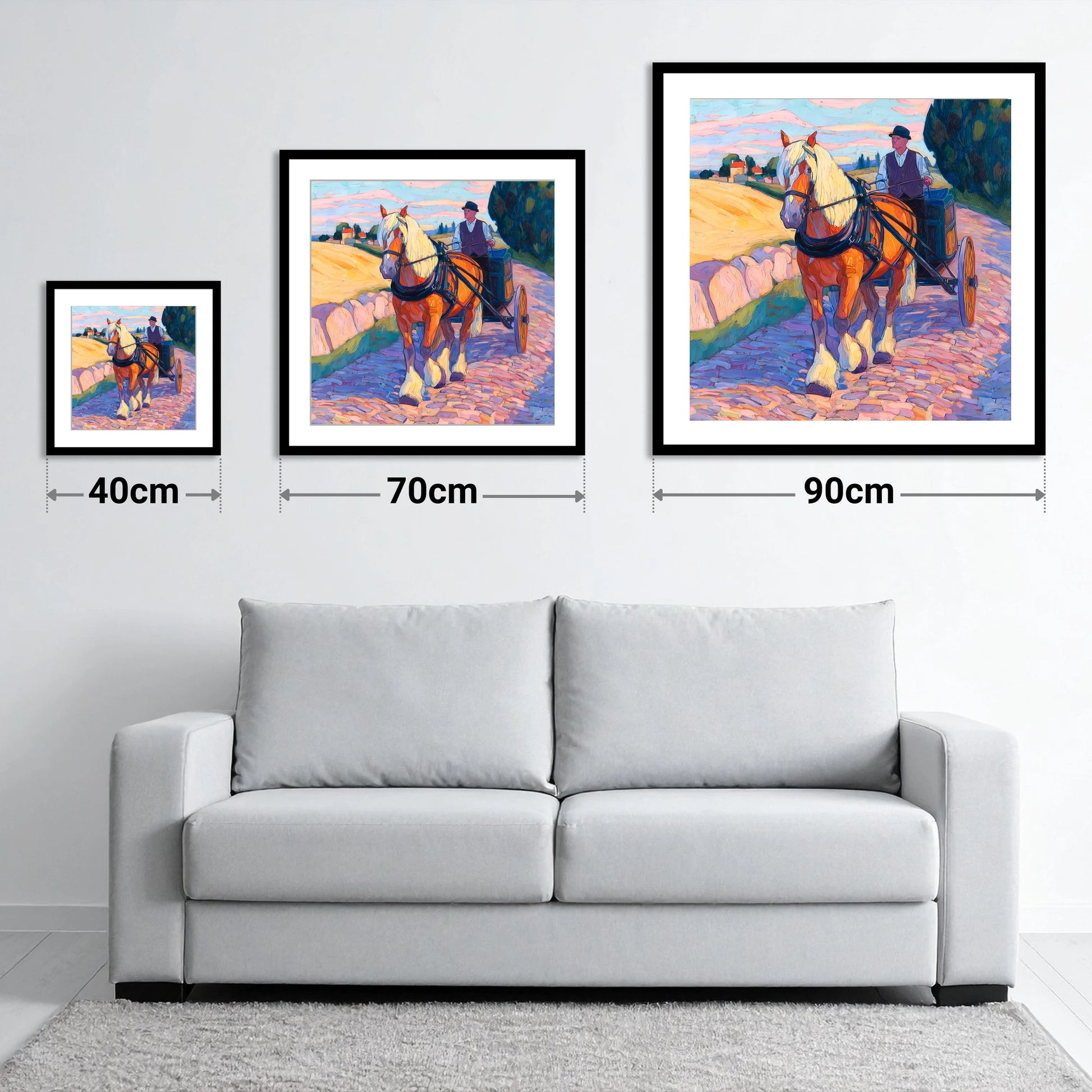 Evening Draught on Cobbles - size guide showing 40cm, 70cm and 90cm art prints