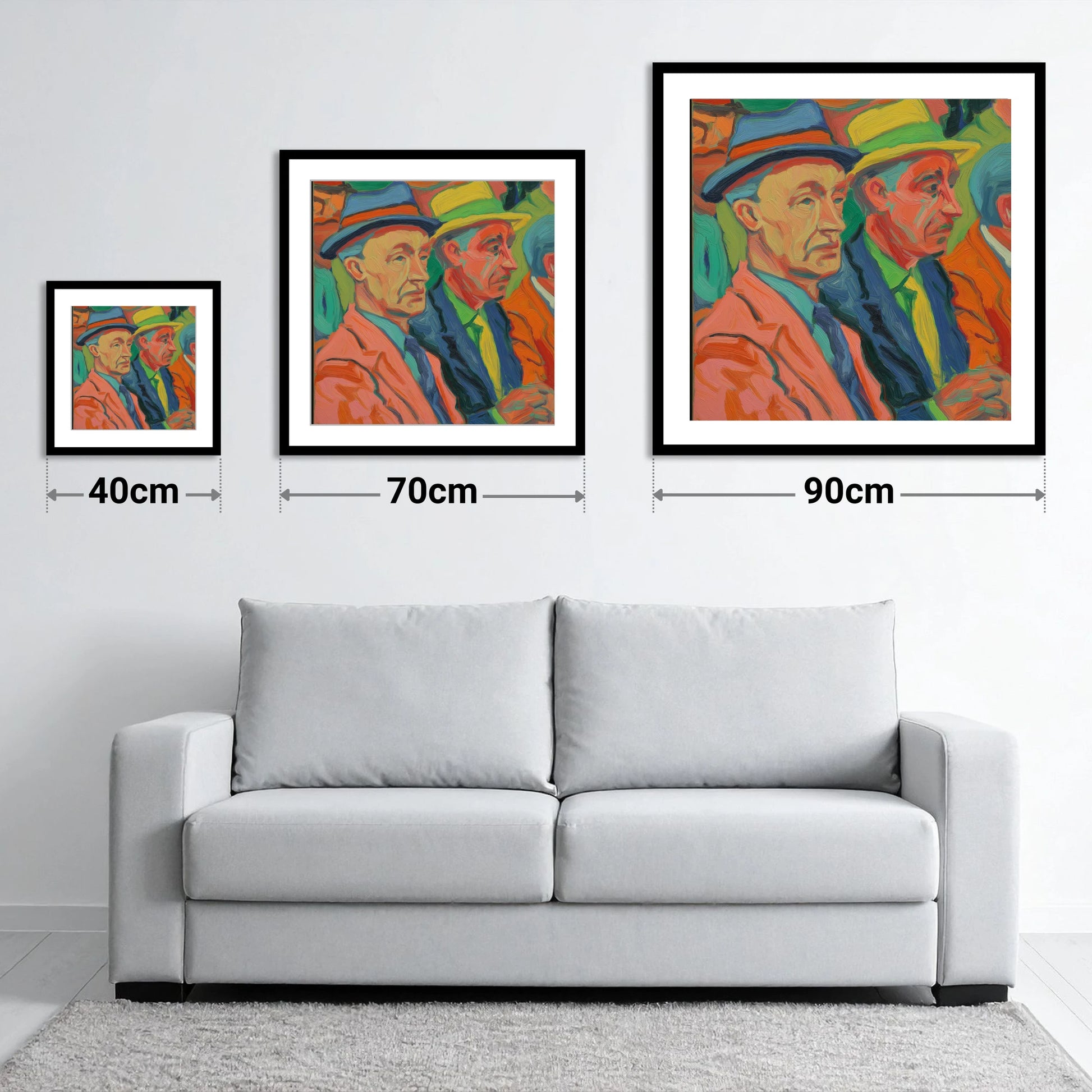 Men of the Turf - size guide showing 40cm, 70cm and 90cm art prints