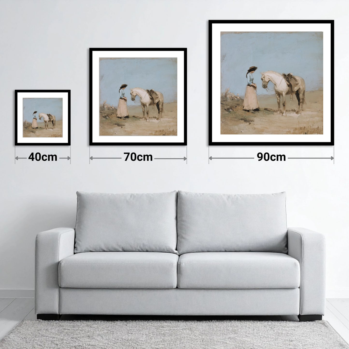 The Waiting Grey - size guide showing 40cm, 70cm and 90cm art prints