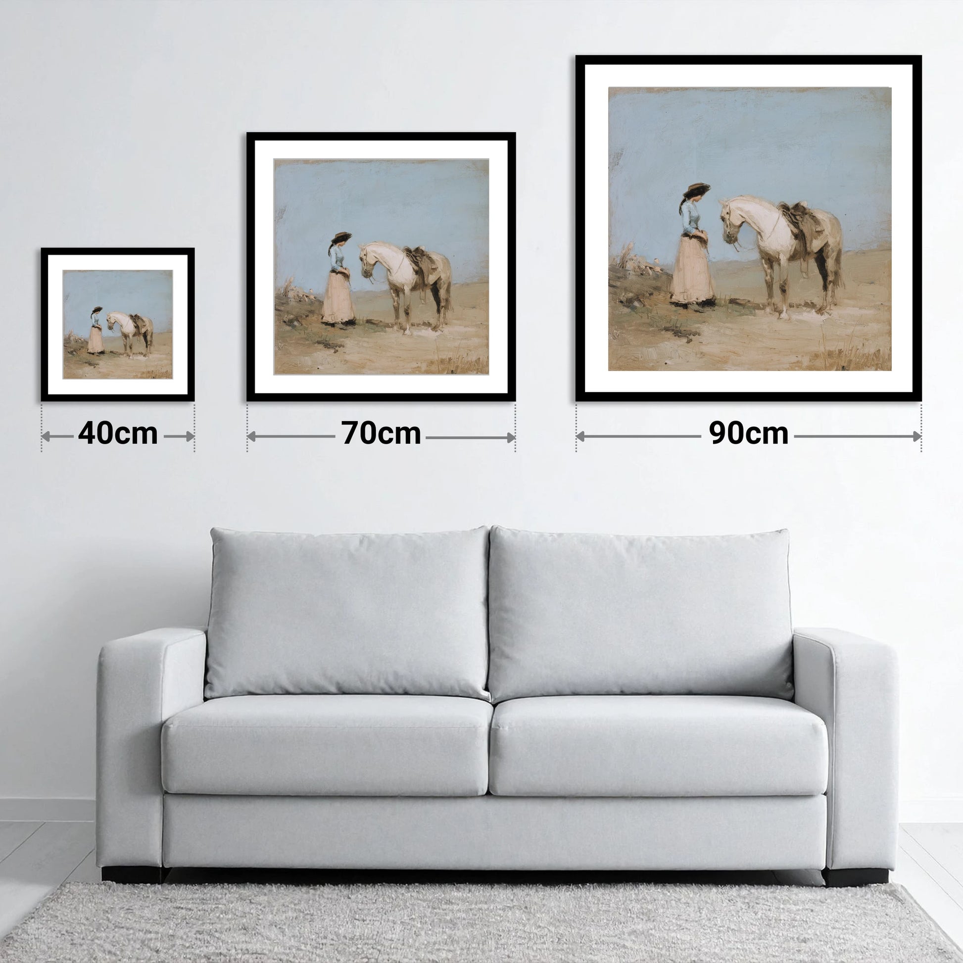 The Waiting Grey - size guide showing 40cm, 70cm and 90cm art prints