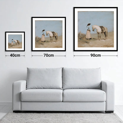 The Waiting Grey - size guide showing 40cm, 70cm and 90cm art prints