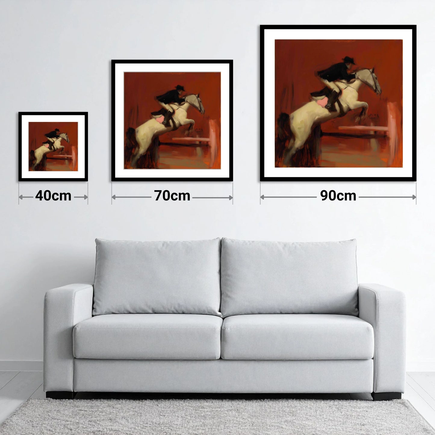 The Crimson Leap - size guide showing 40cm, 70cm and 90cm art prints