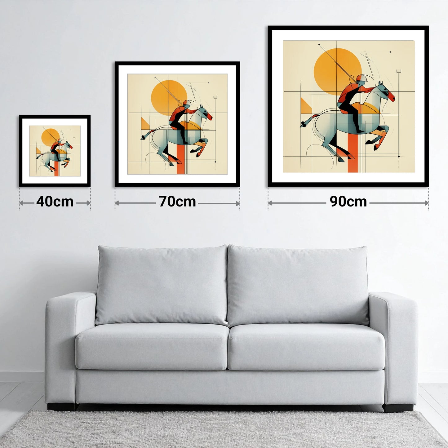 Structured Chukka - size guide showing 40cm, 70cm and 90cm art prints