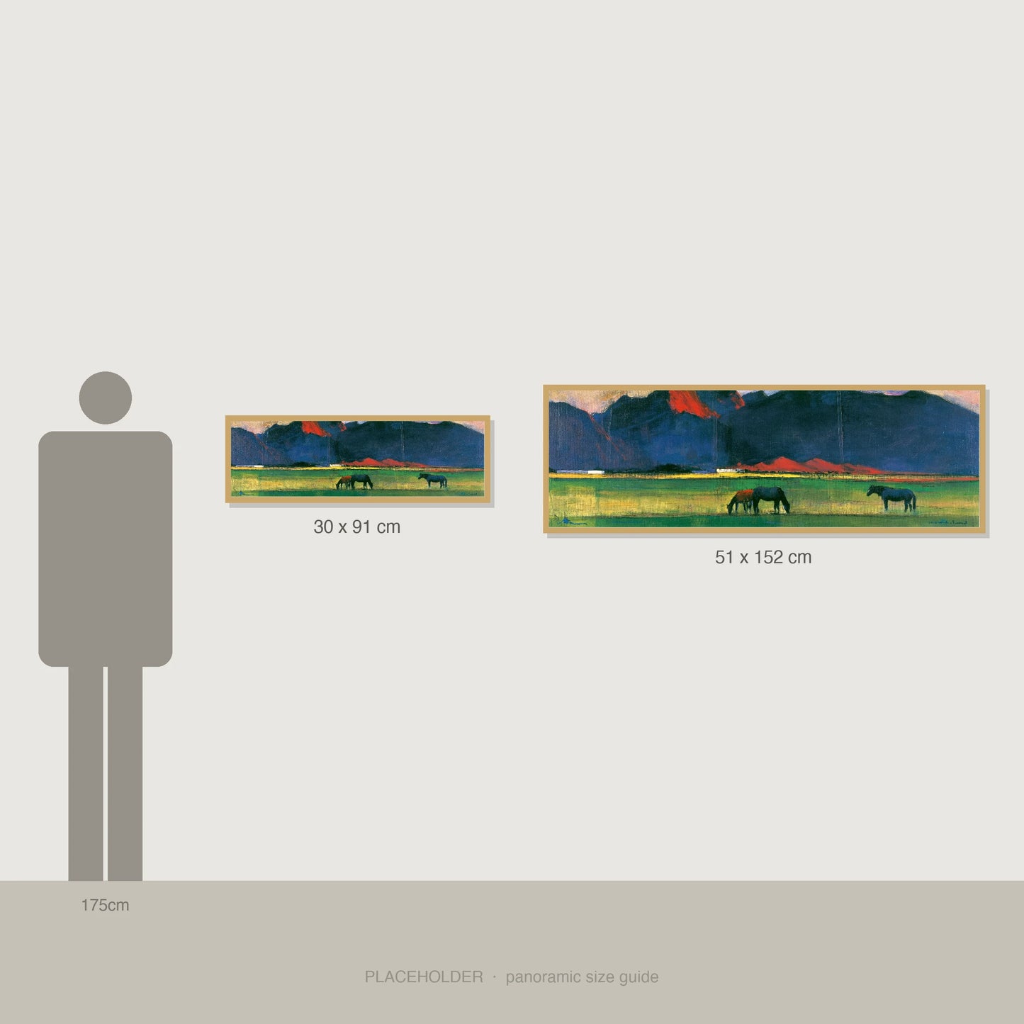 Vibrant Mountain Pasture - panoramic size guide showing 30x91cm and 51x152cm