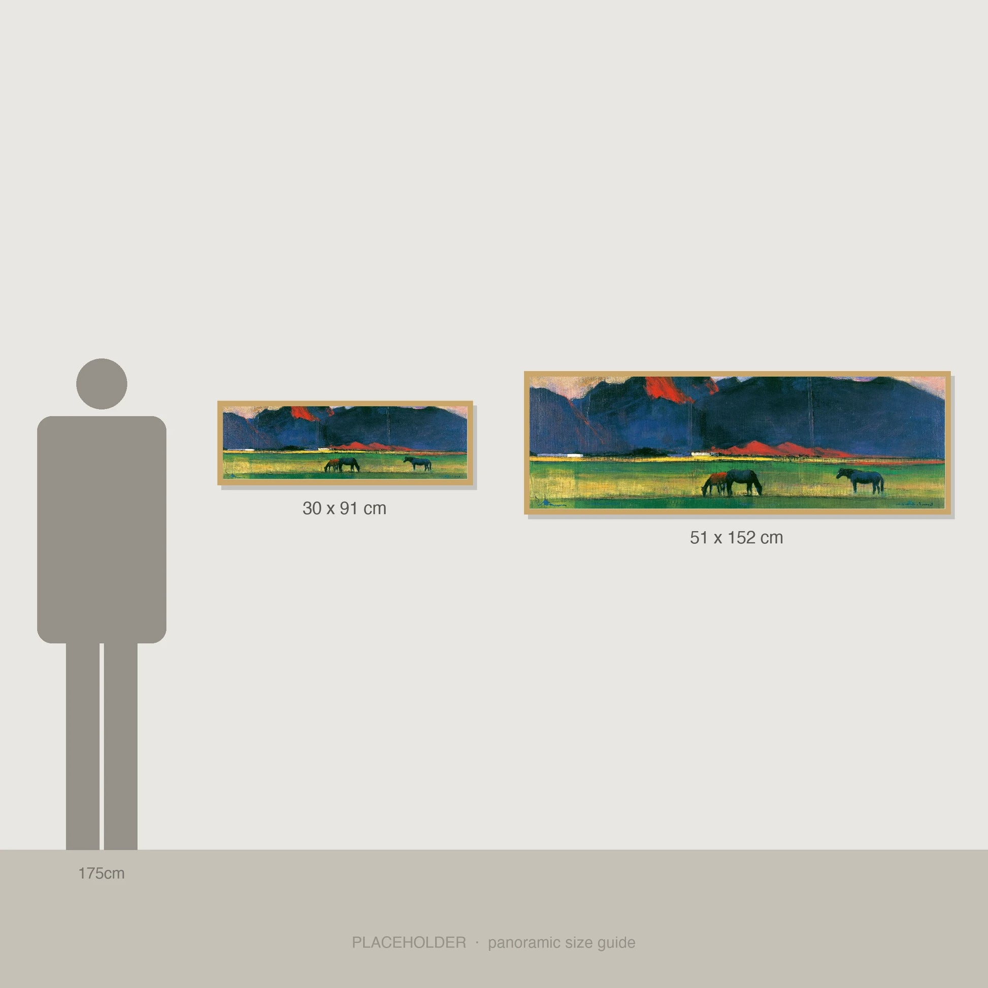 Vibrant Mountain Pasture - panoramic size guide showing 30x91cm and 51x152cm