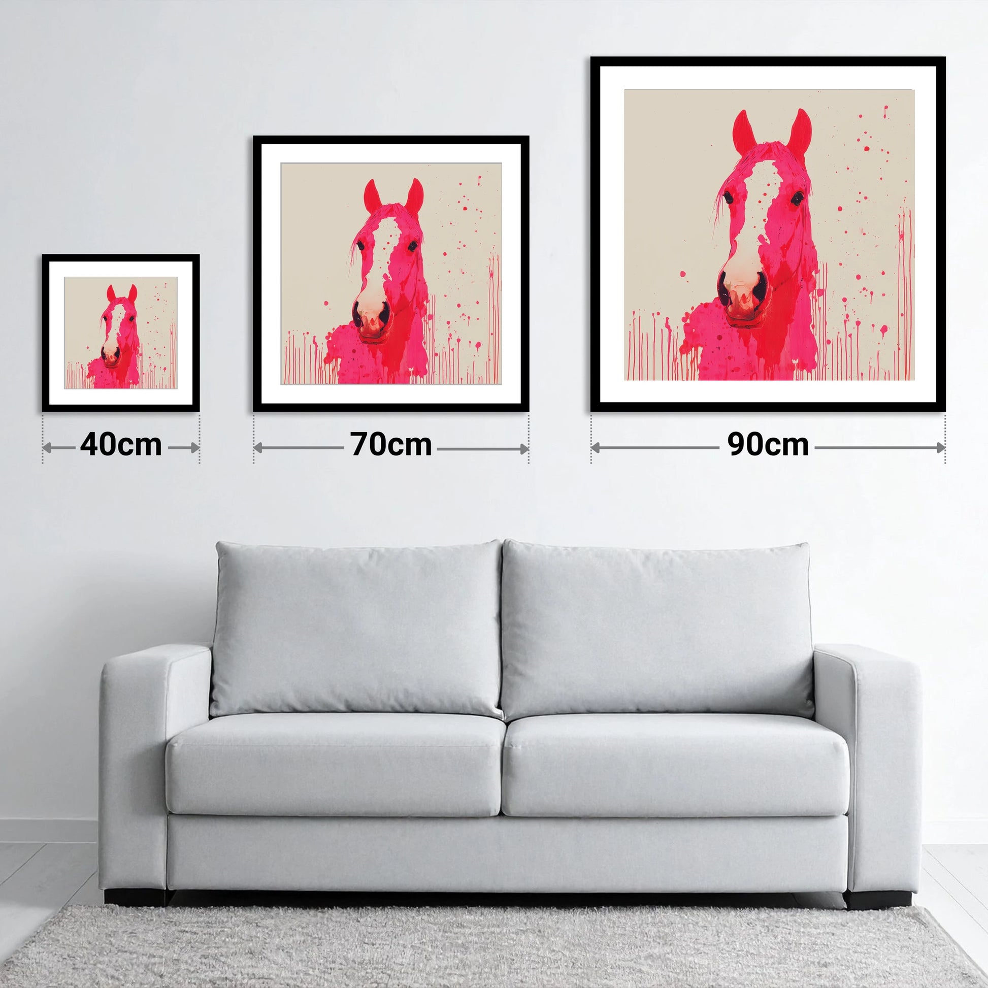 Vibrant Magenta Blaze - size guide showing 40cm, 70cm and 90cm art prints