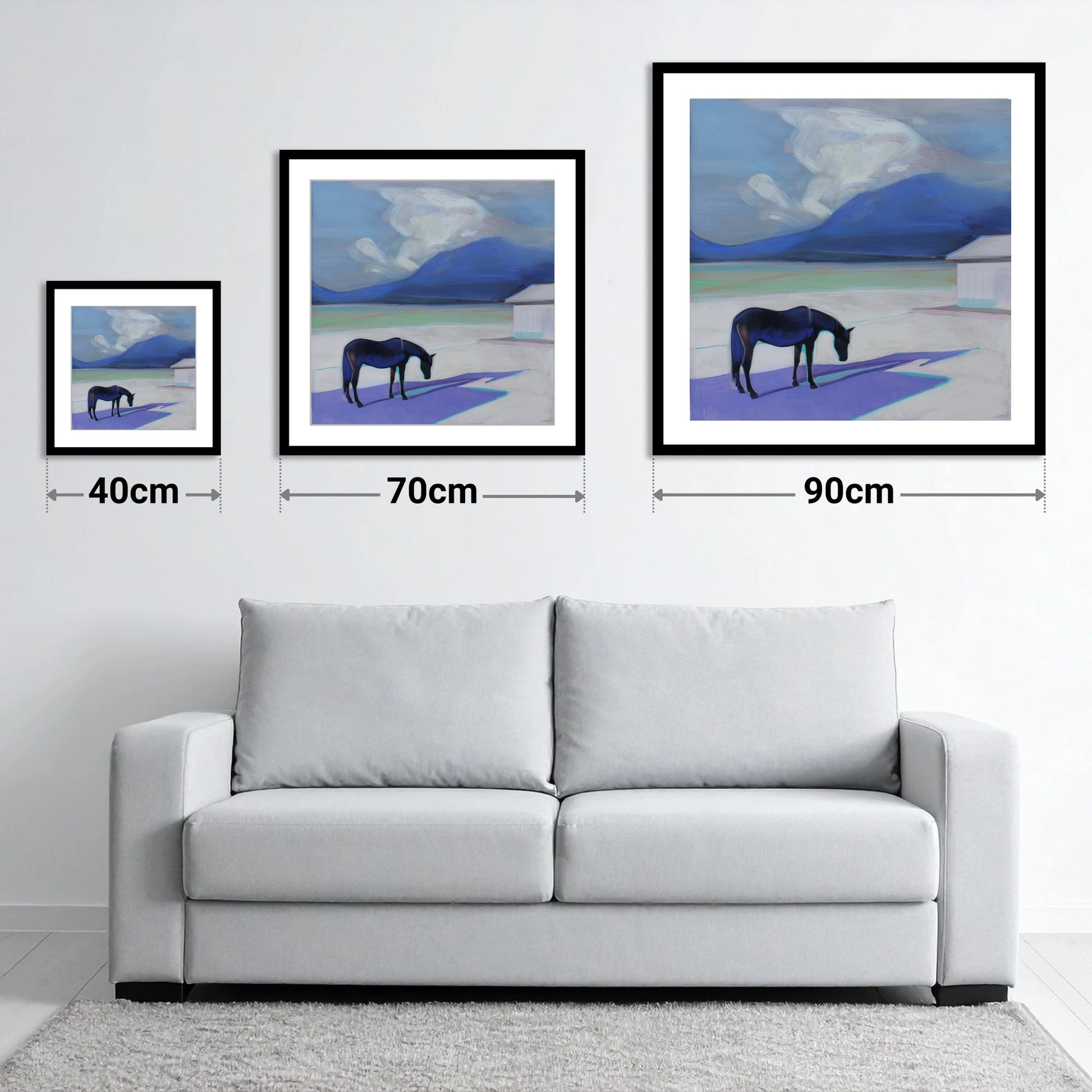 Lavender Shadows - size guide showing 40cm, 70cm and 90cm art prints