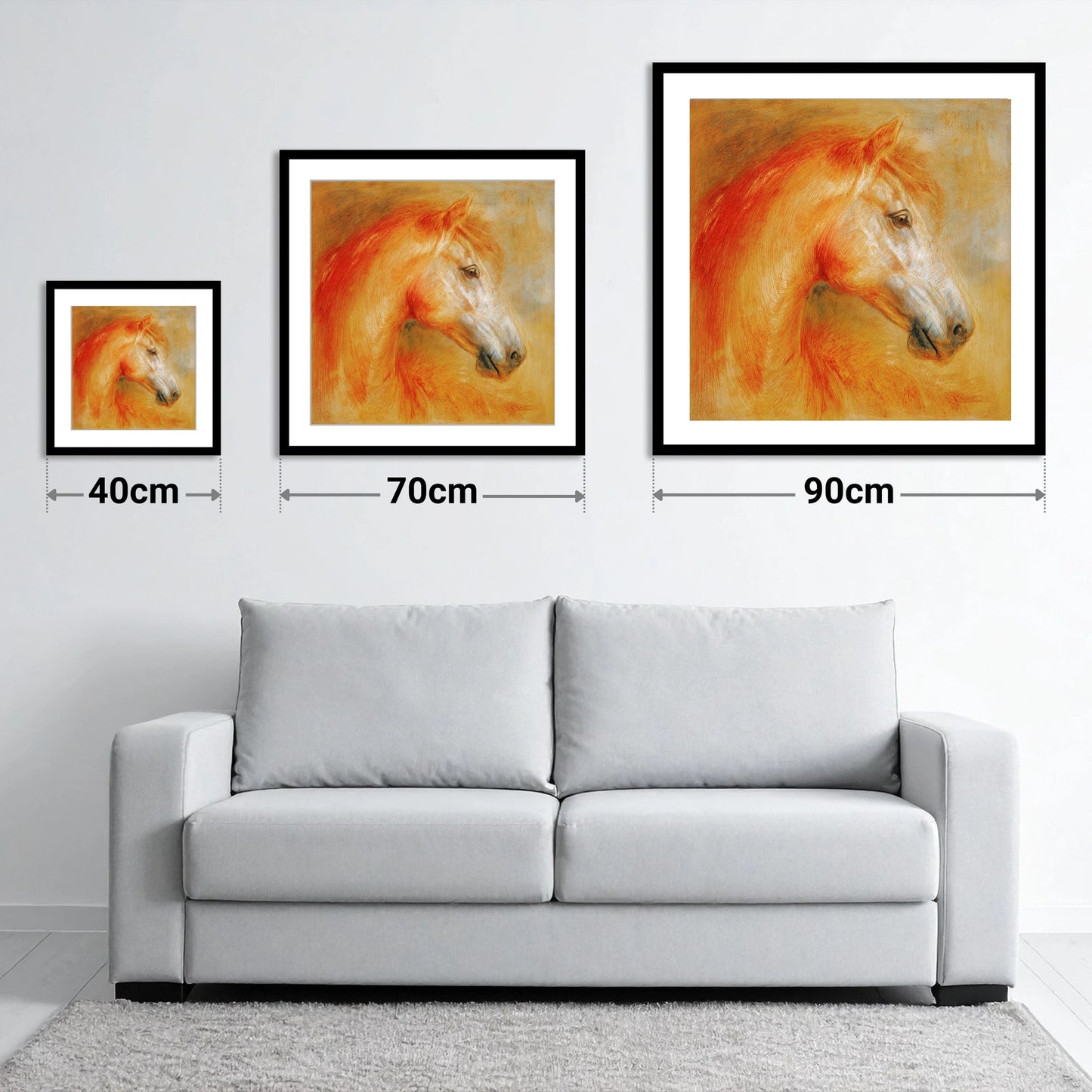Radiant Equine Profile - size guide showing 40cm, 70cm and 90cm art prints