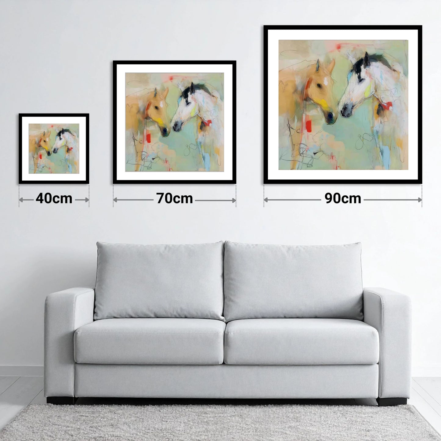 Whispered Secrets - size guide showing 40cm, 70cm and 90cm art prints