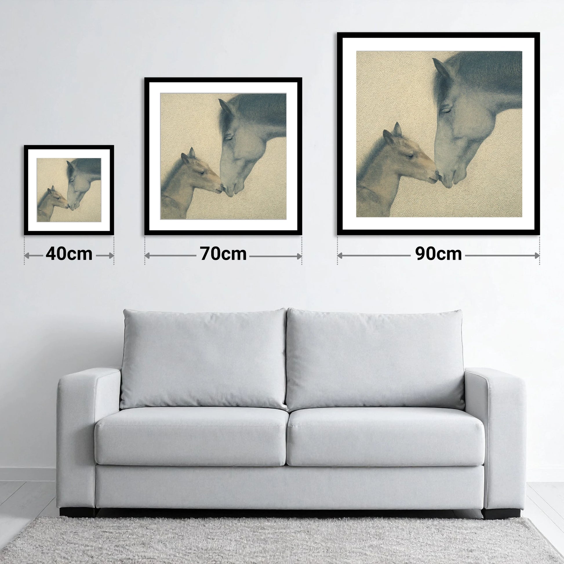 Quiet Devotion - size guide showing 40cm, 70cm and 90cm art prints