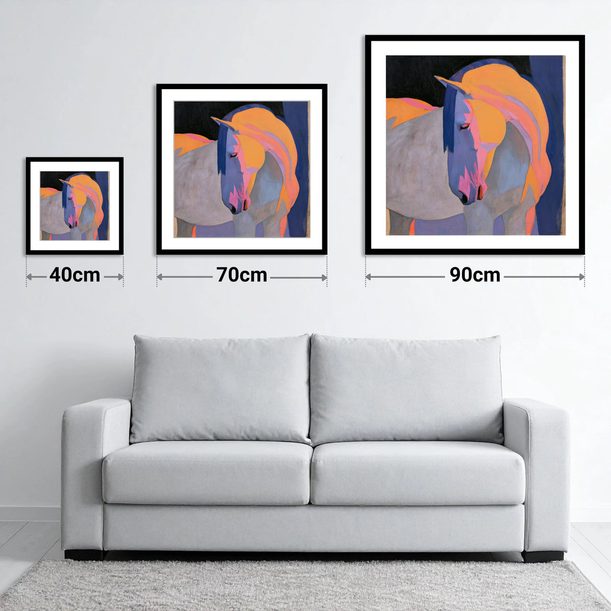 Colourful Painted Grey Horse - size guide showing 40cm, 70cm and 90cm art prints