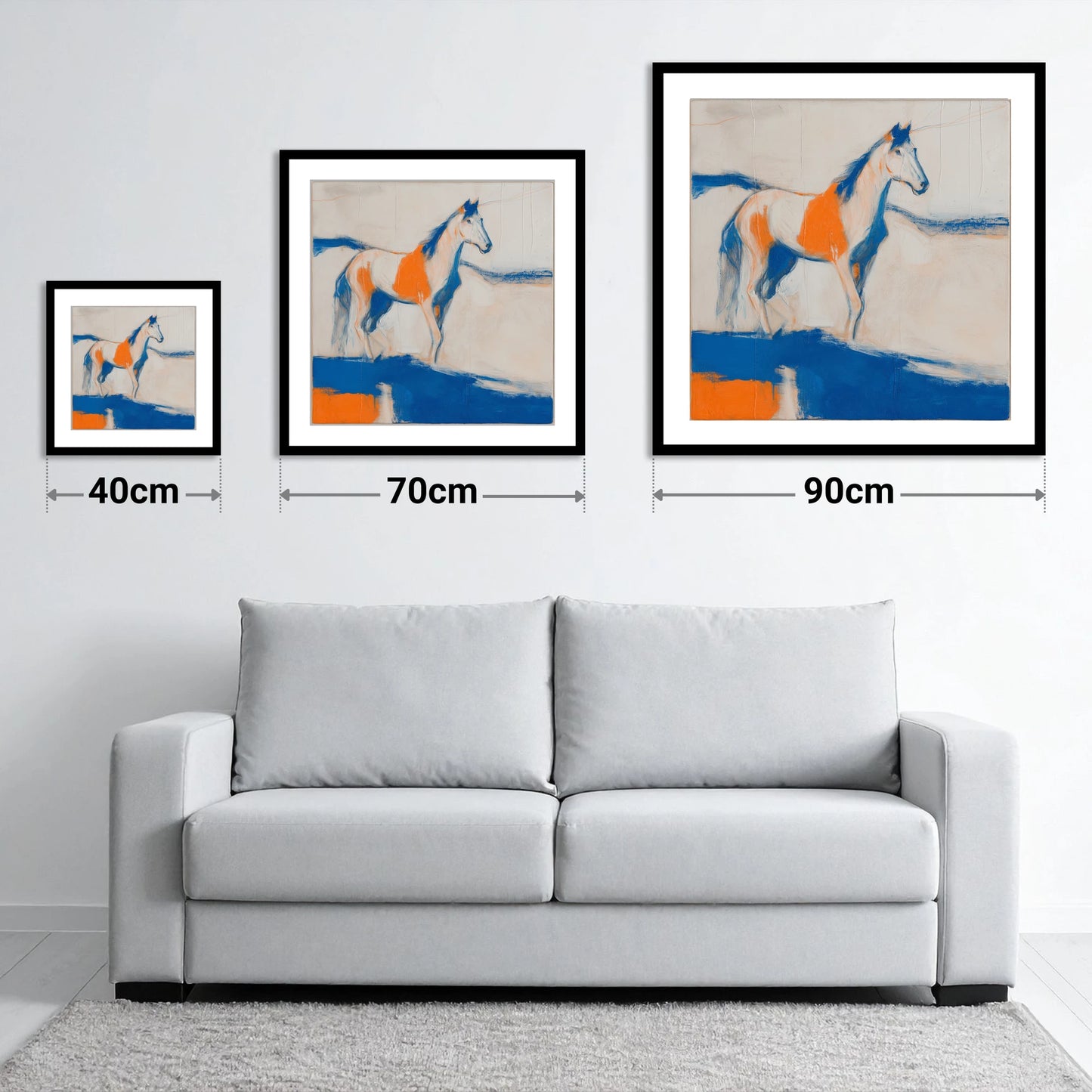 Ultramarine and Orange Profile - size guide showing 40cm, 70cm and 90cm art prints