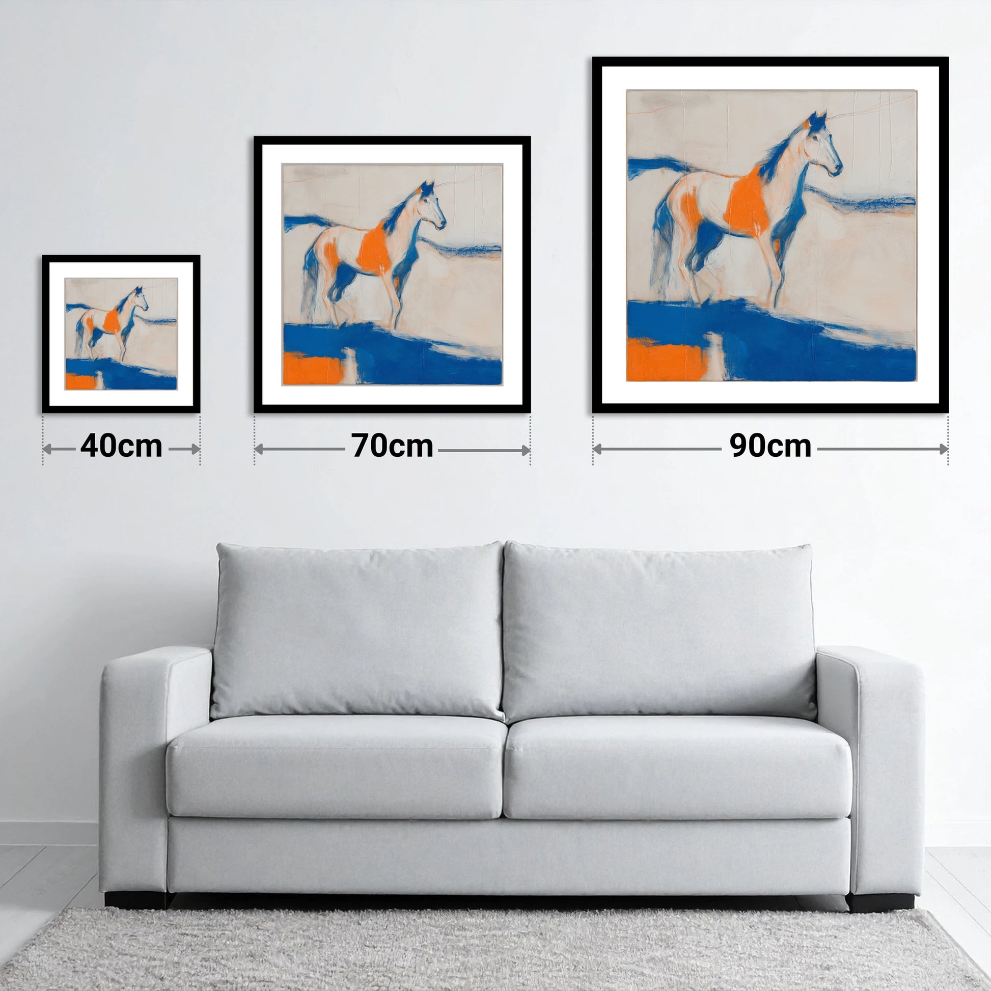Ultramarine and Orange Profile - size guide showing 40cm, 70cm and 90cm art prints