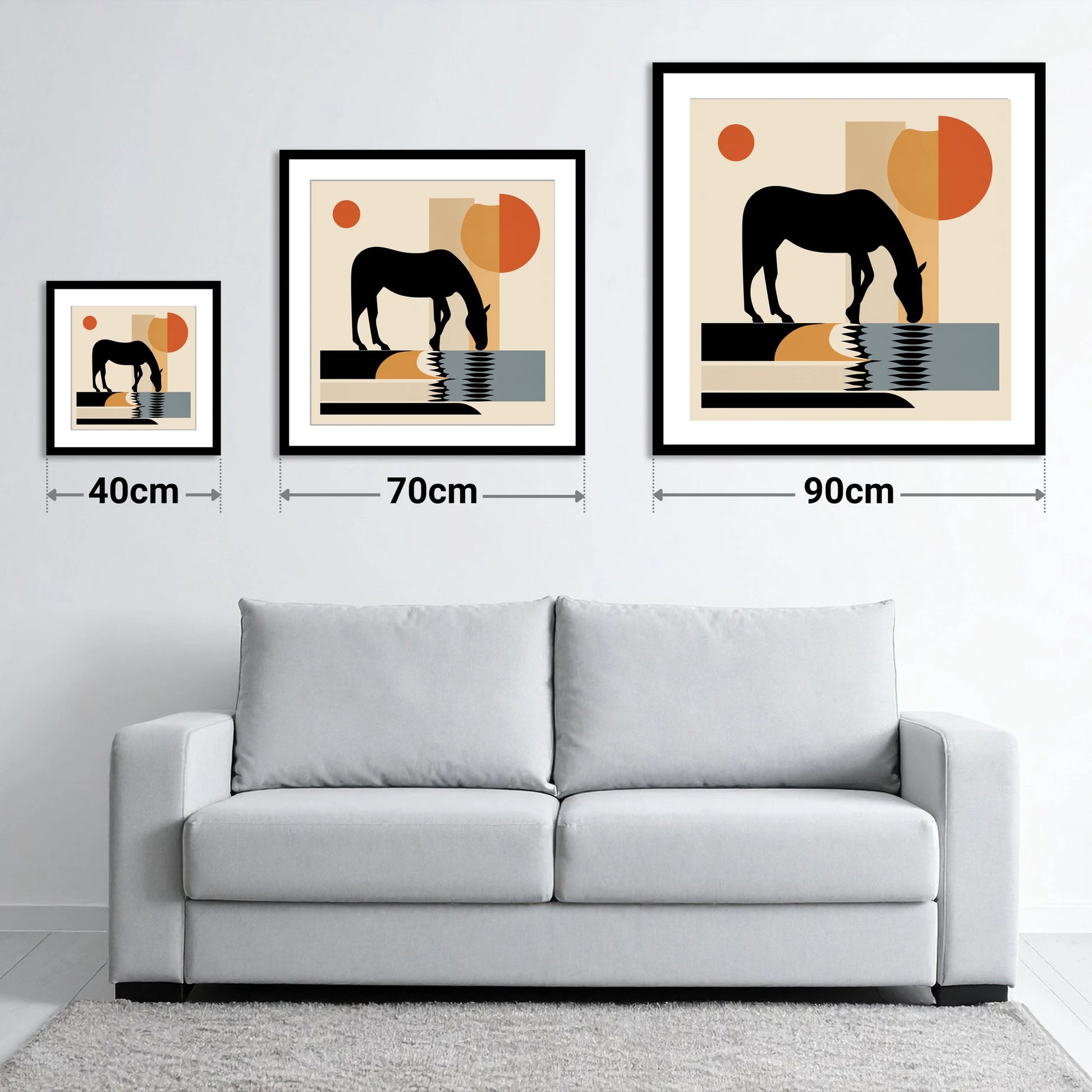 Abstract Oasis Silhouette - size guide showing 40cm, 70cm and 90cm art prints