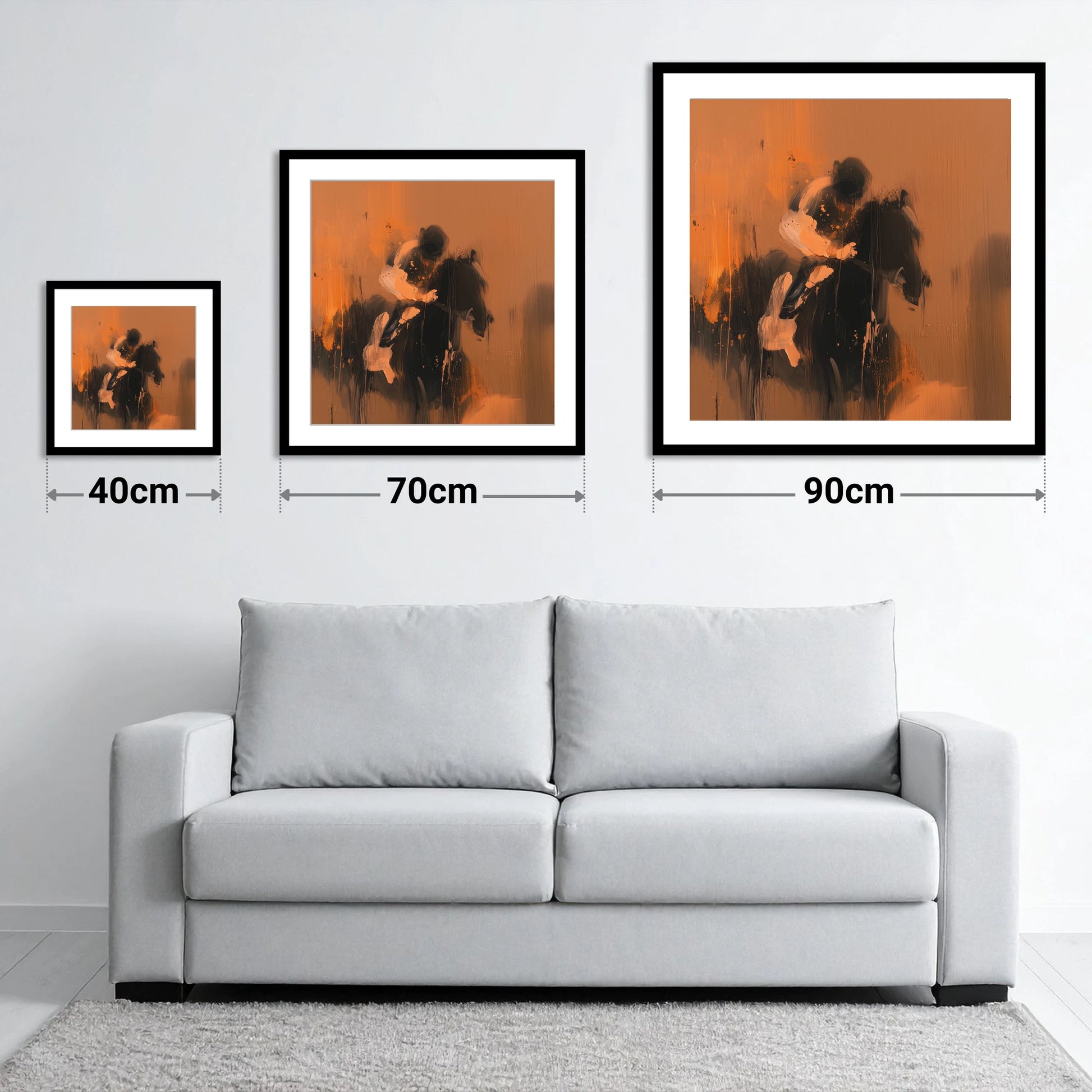 Through the Amber Dust - size guide showing 40cm, 70cm and 90cm art prints