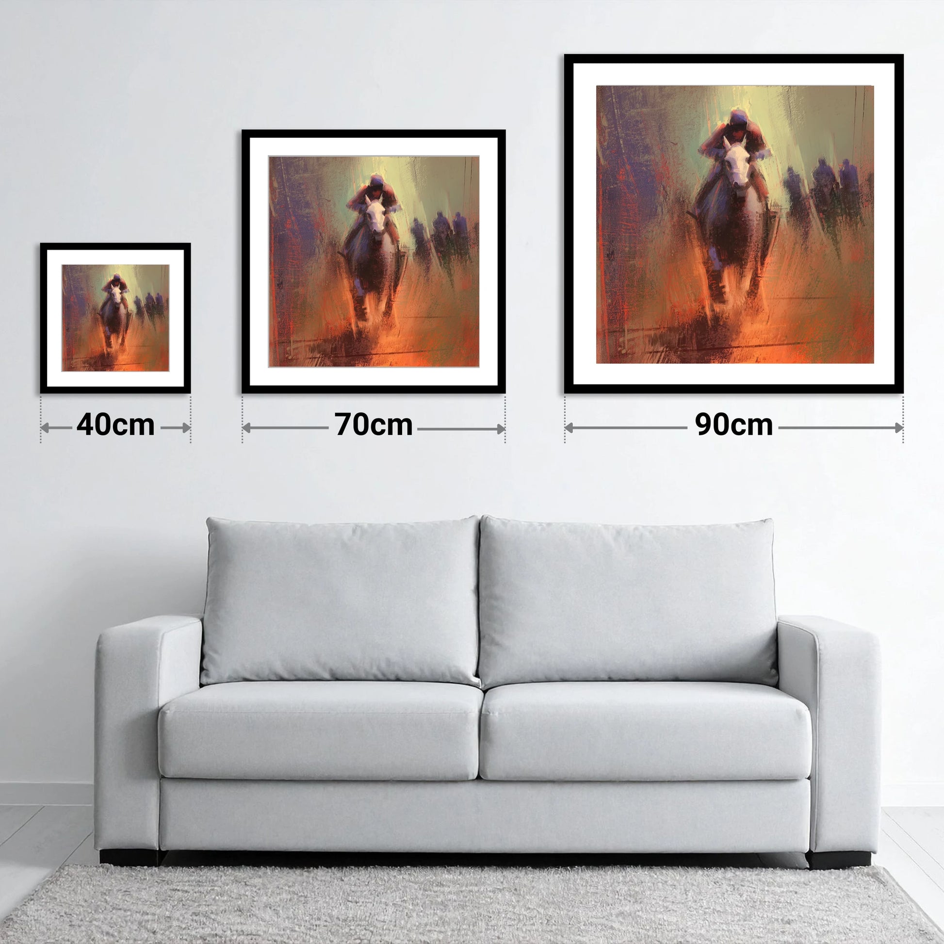 The Home Straight - size guide showing 40cm, 70cm and 90cm art prints