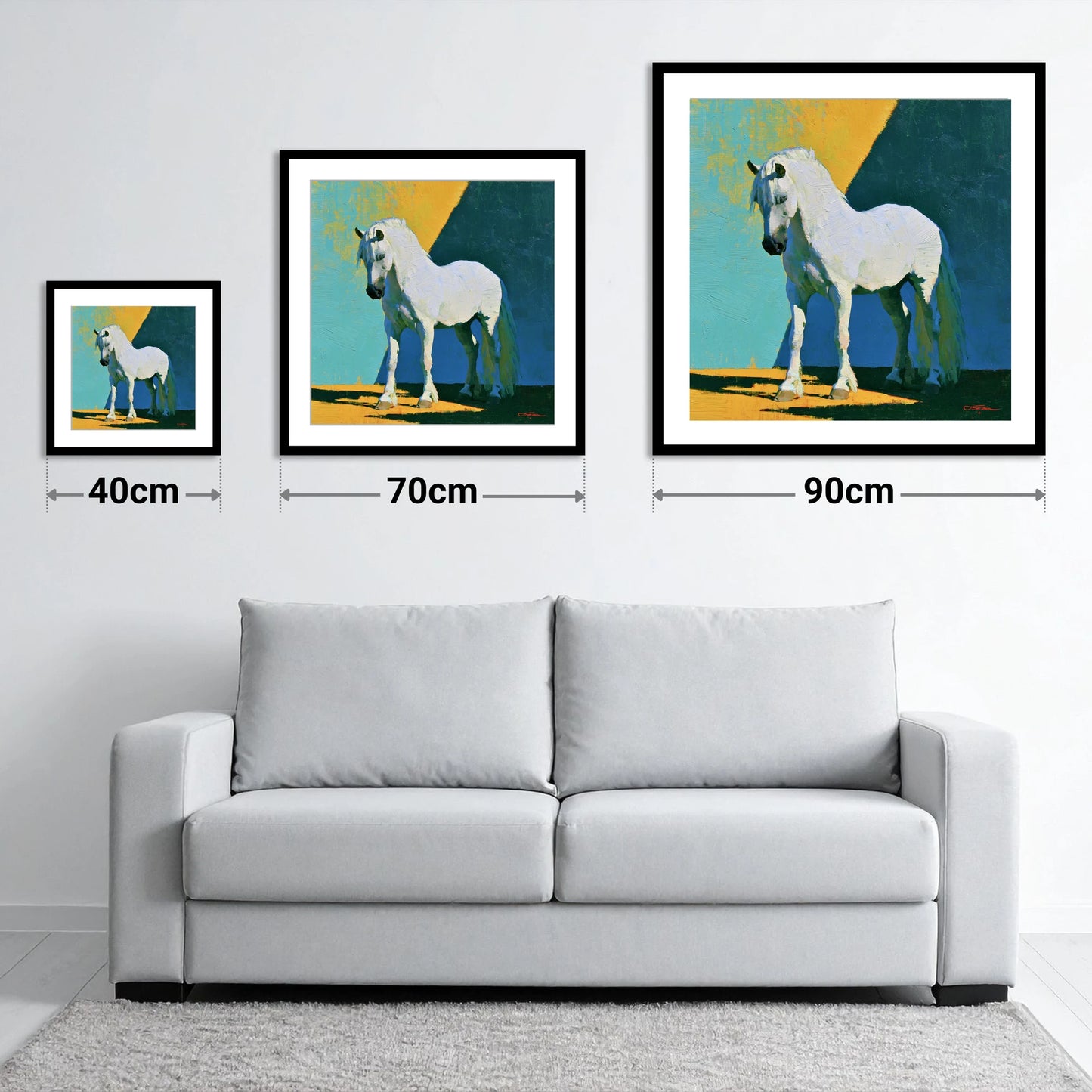 Grey Horse in Vivid Sunlight - size guide showing 40cm, 70cm and 90cm art prints