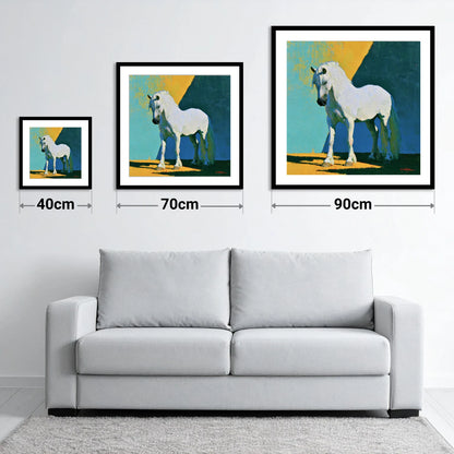 Grey Horse in Vivid Sunlight - size guide showing 40cm, 70cm and 90cm art prints