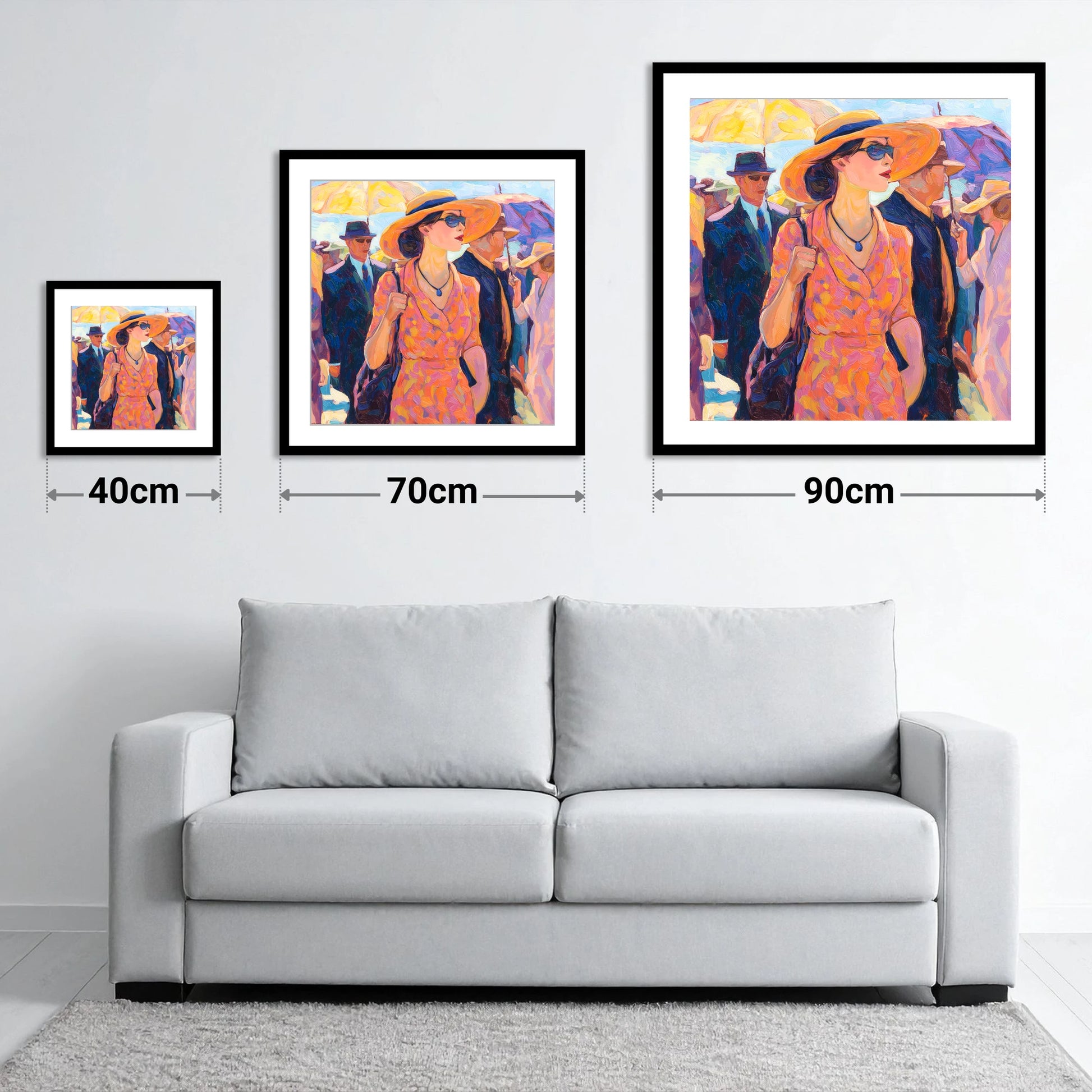 Race Day Glamour - size guide showing 40cm, 70cm and 90cm art prints