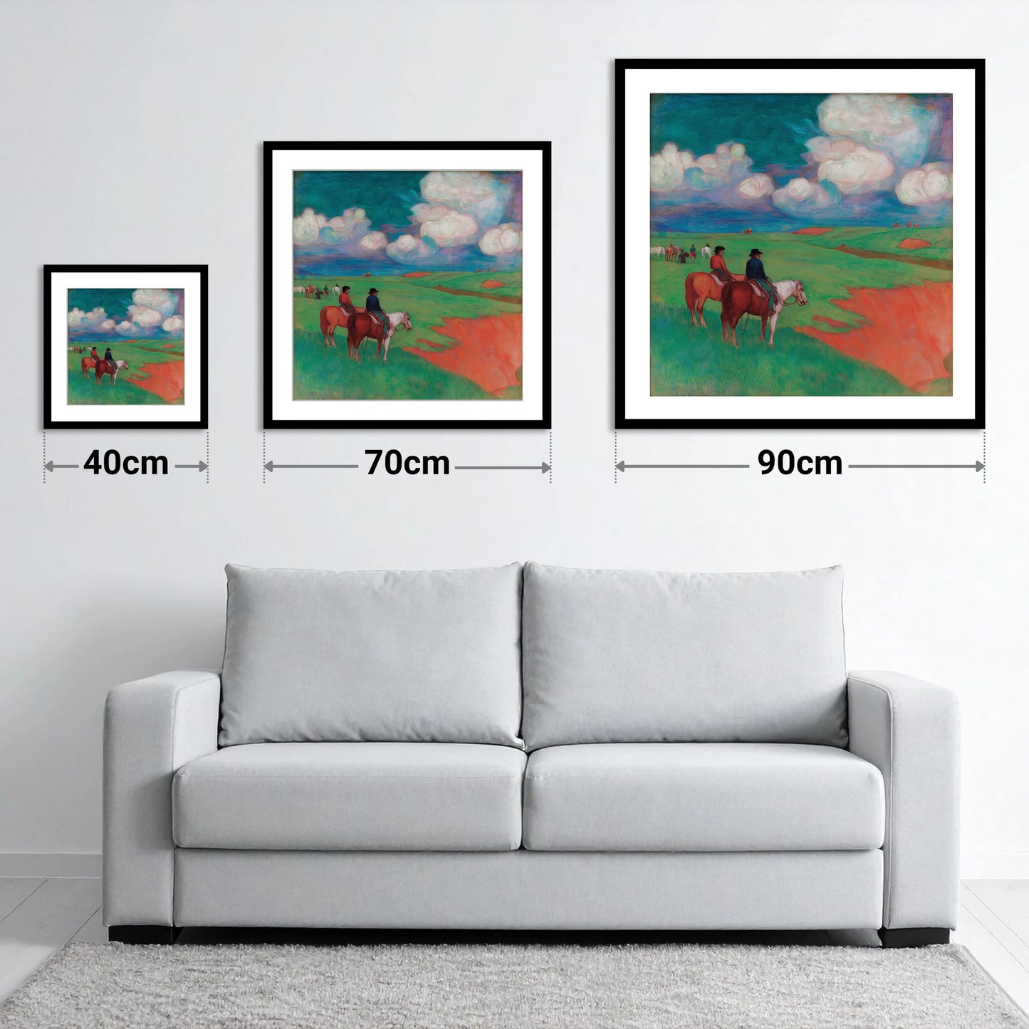 Vivid Frontier Horizons - size guide showing 40cm, 70cm and 90cm art prints