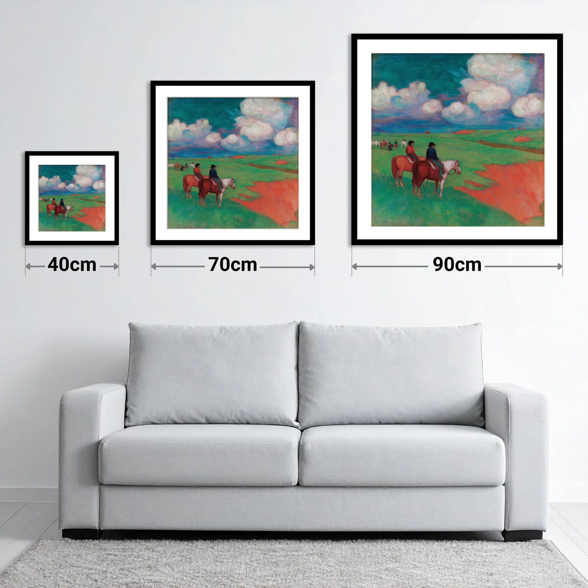 Vivid Frontier Horizons - size guide showing 40cm, 70cm and 90cm art prints