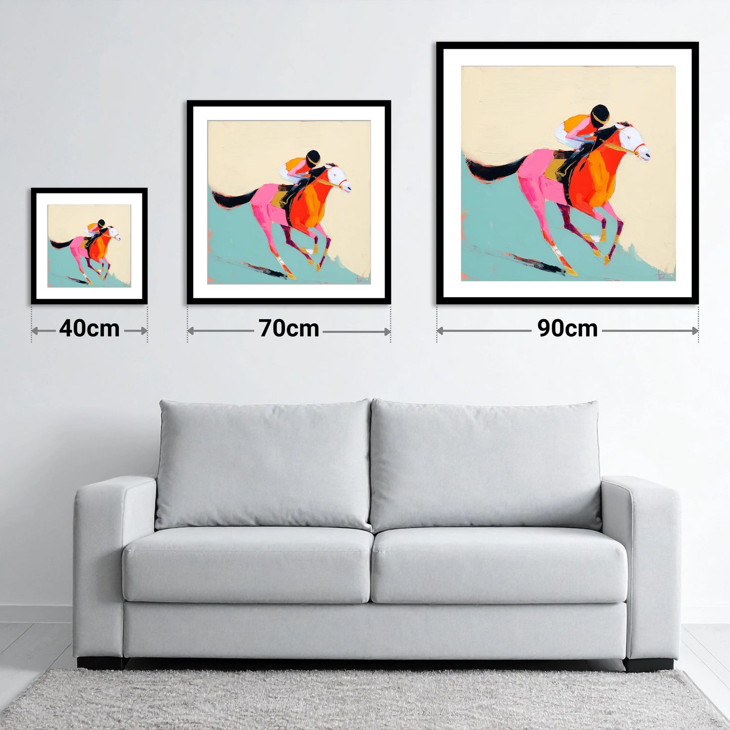 The Colour of Speed - size guide showing 40cm, 70cm and 90cm art prints