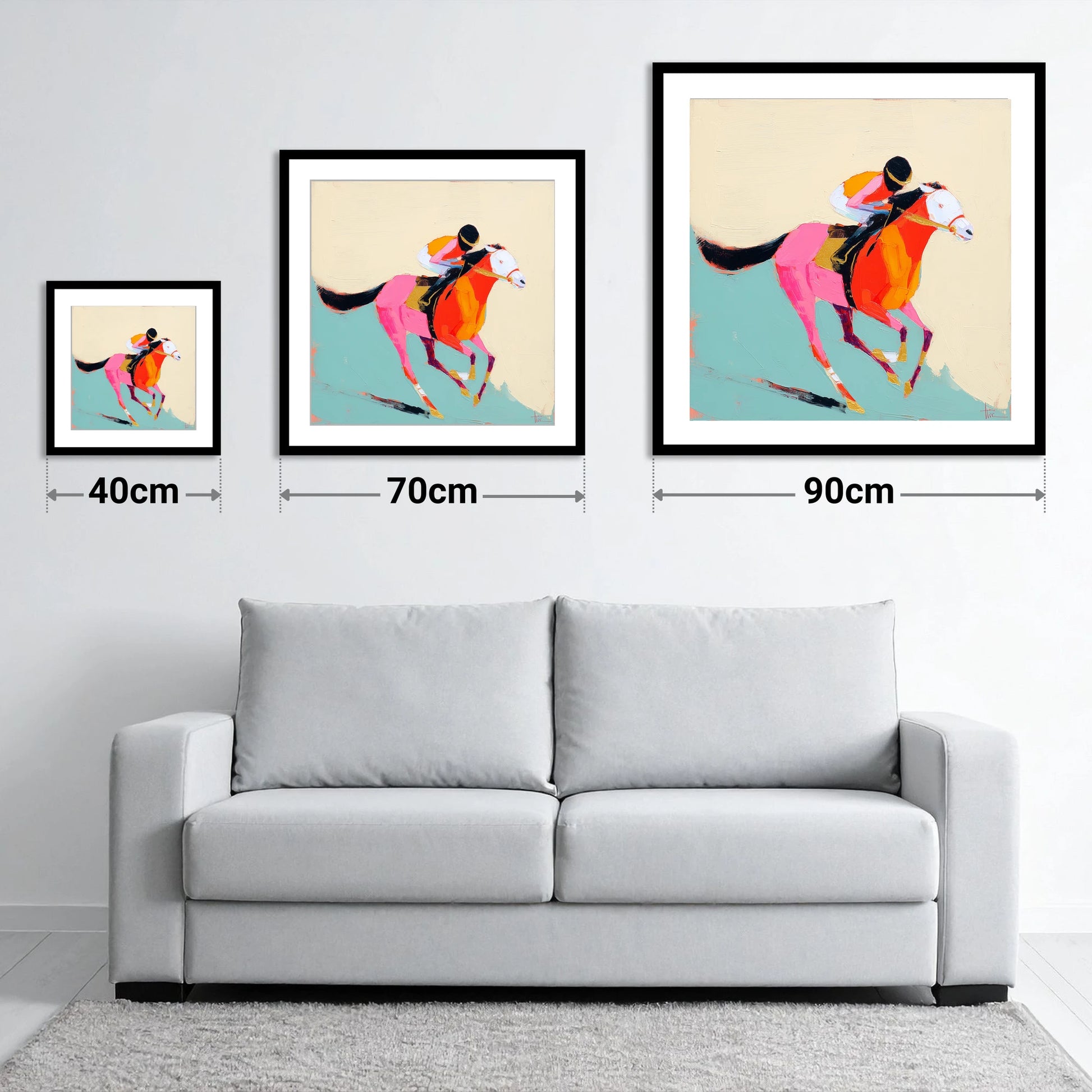 The Colour of Speed - size guide showing 40cm, 70cm and 90cm art prints