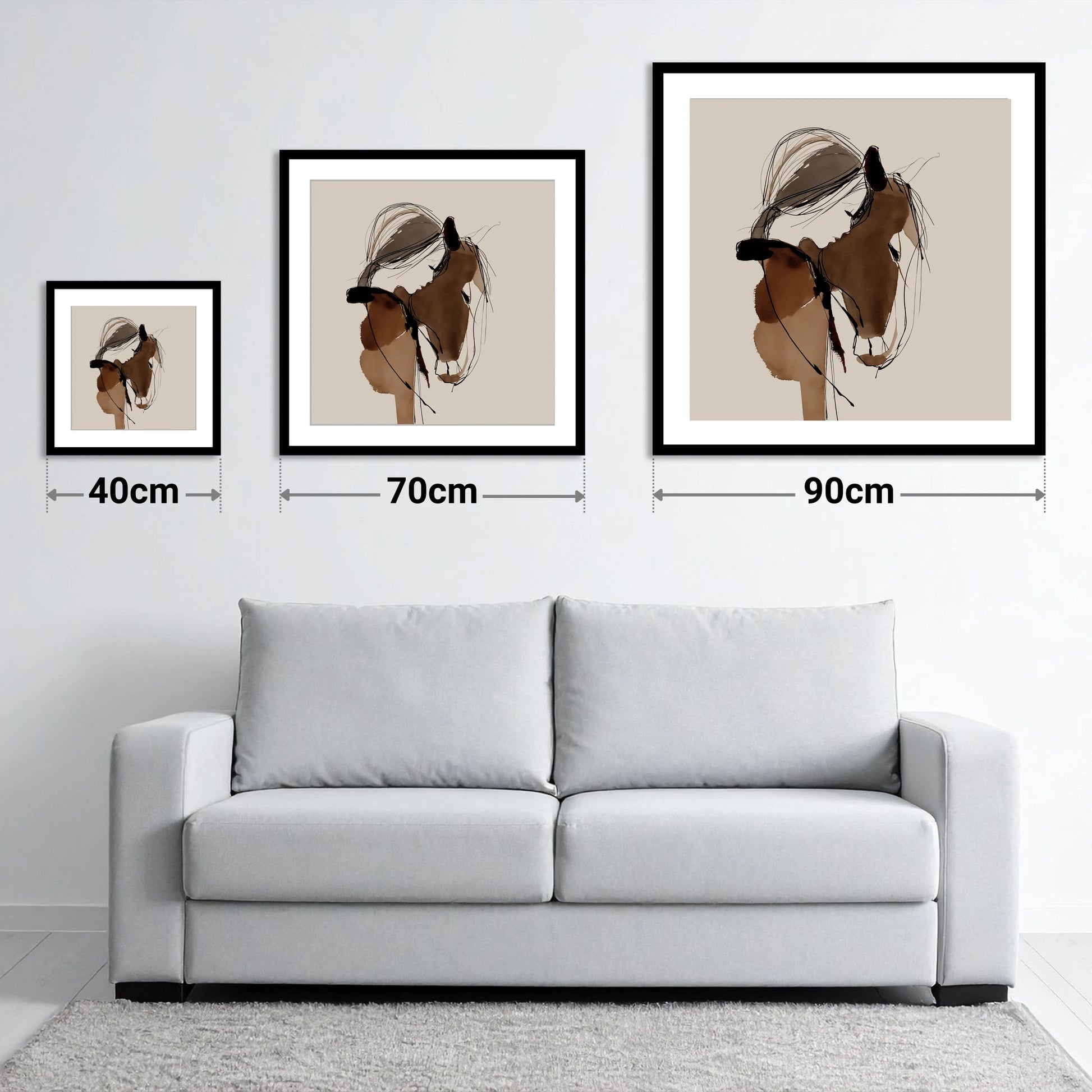 Silent Communion - size guide showing 40cm, 70cm and 90cm art prints