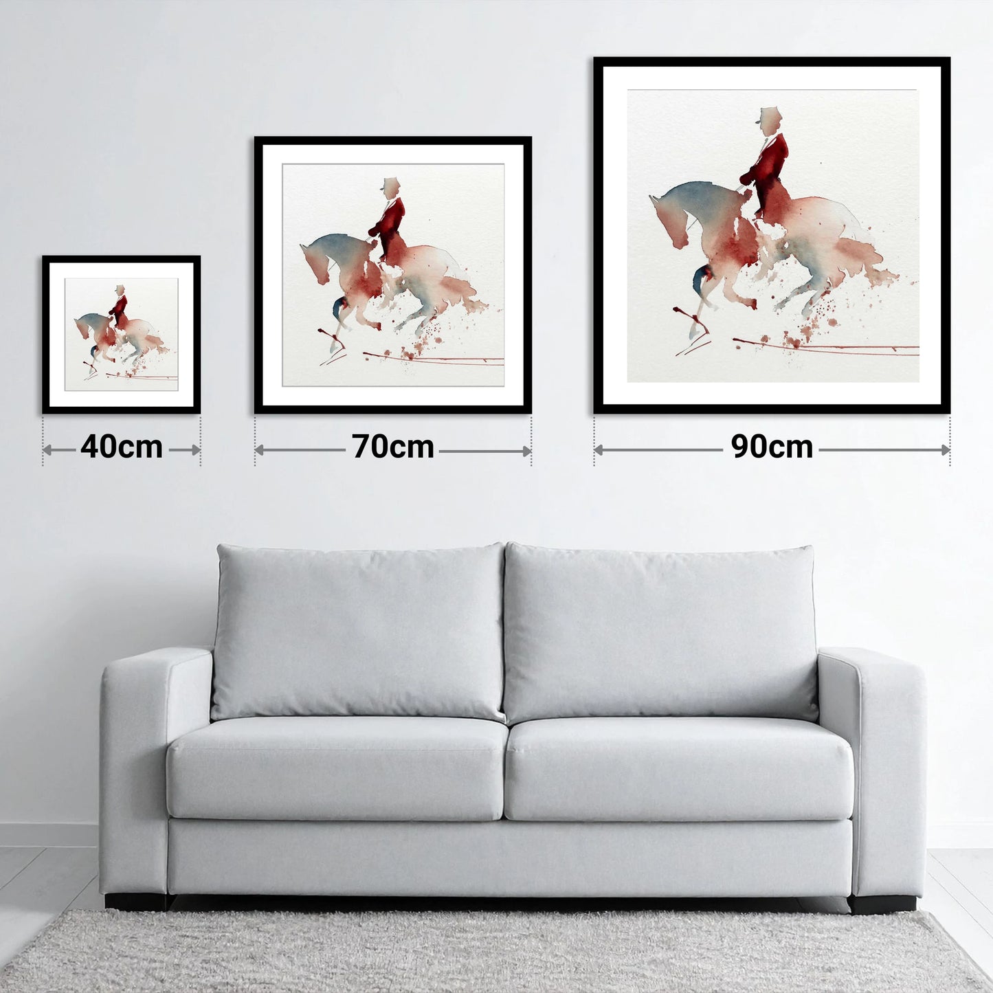 Crimson Collection - size guide showing 40cm, 70cm and 90cm art prints