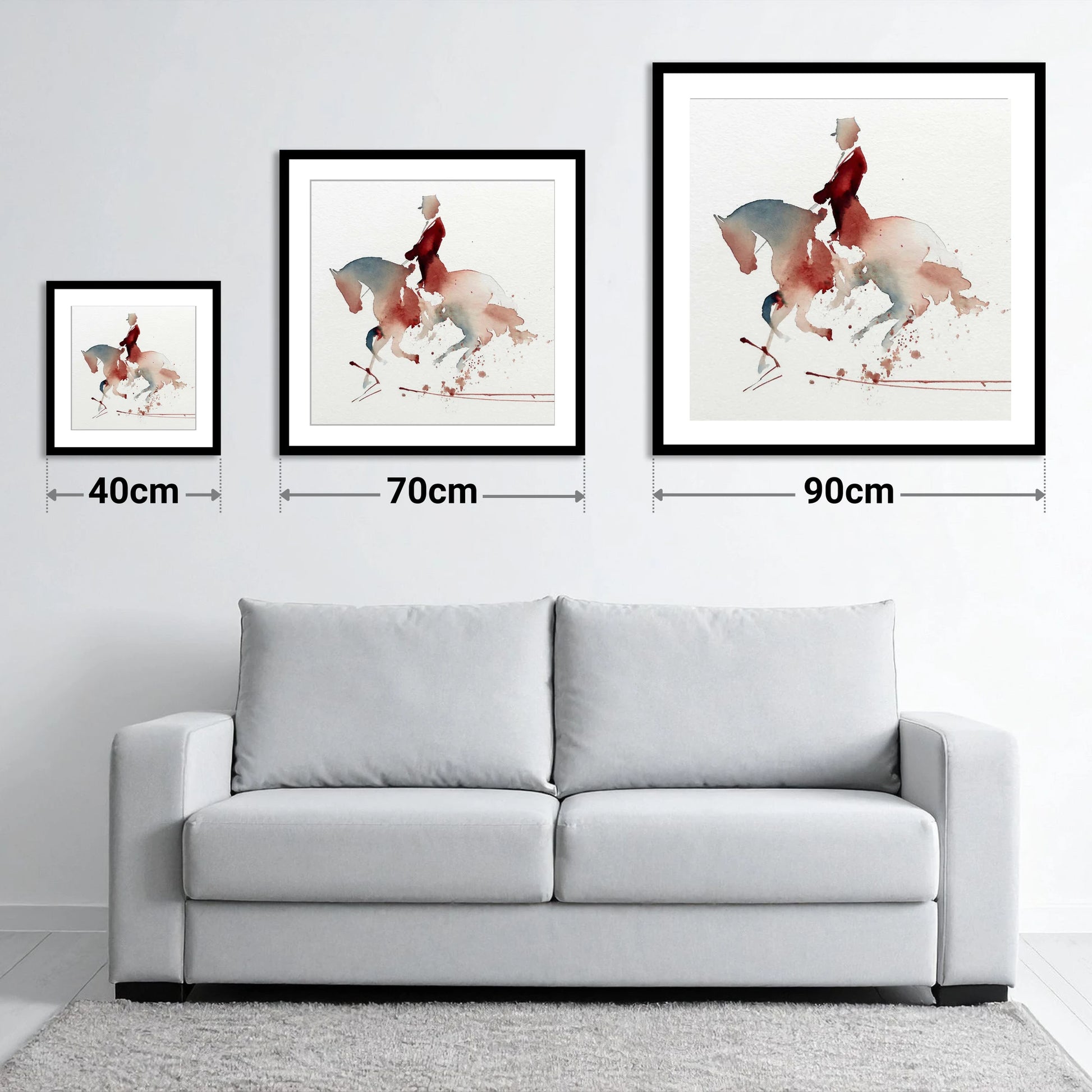 Crimson Collection - size guide showing 40cm, 70cm and 90cm art prints