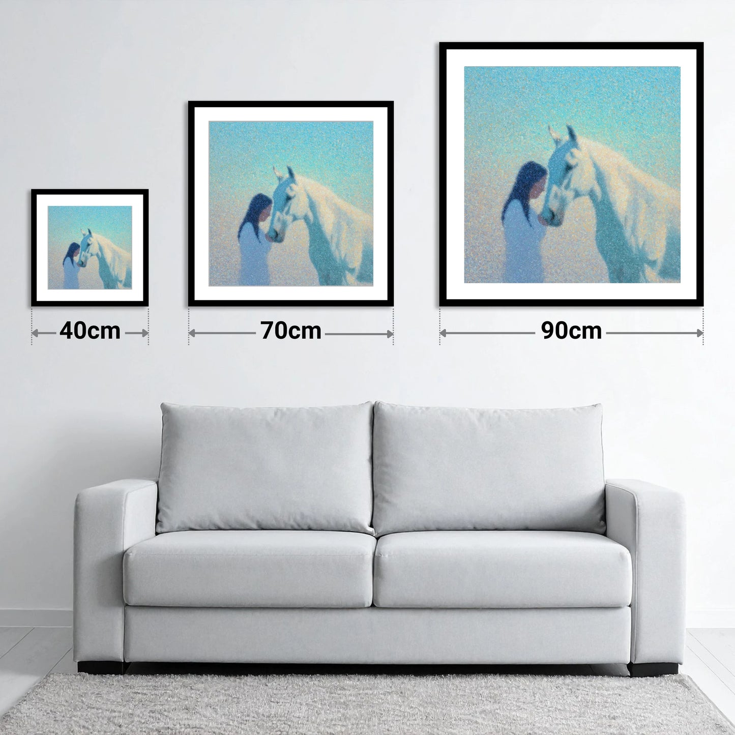 Luminous Connection - size guide showing 40cm, 70cm and 90cm art prints