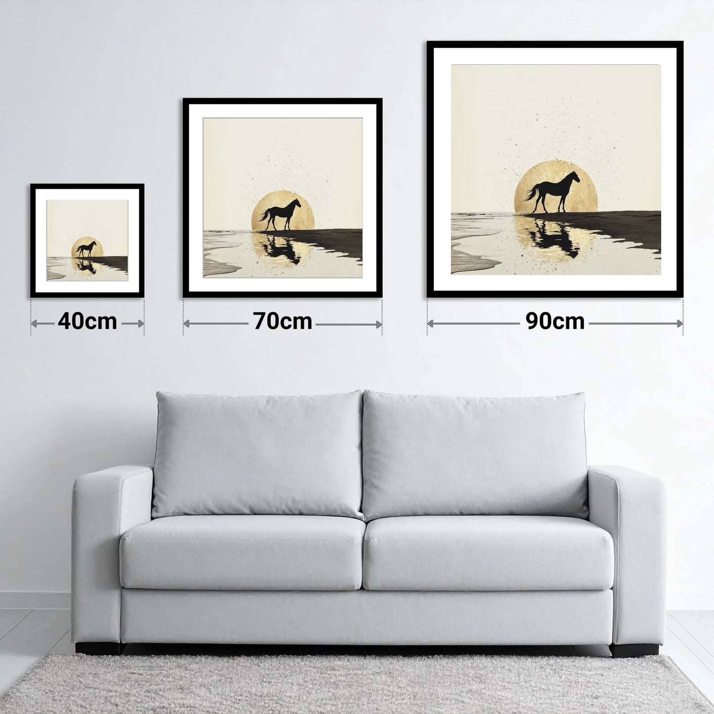 Gilded Shoreline Solitude - size guide showing 40cm, 70cm and 90cm art prints