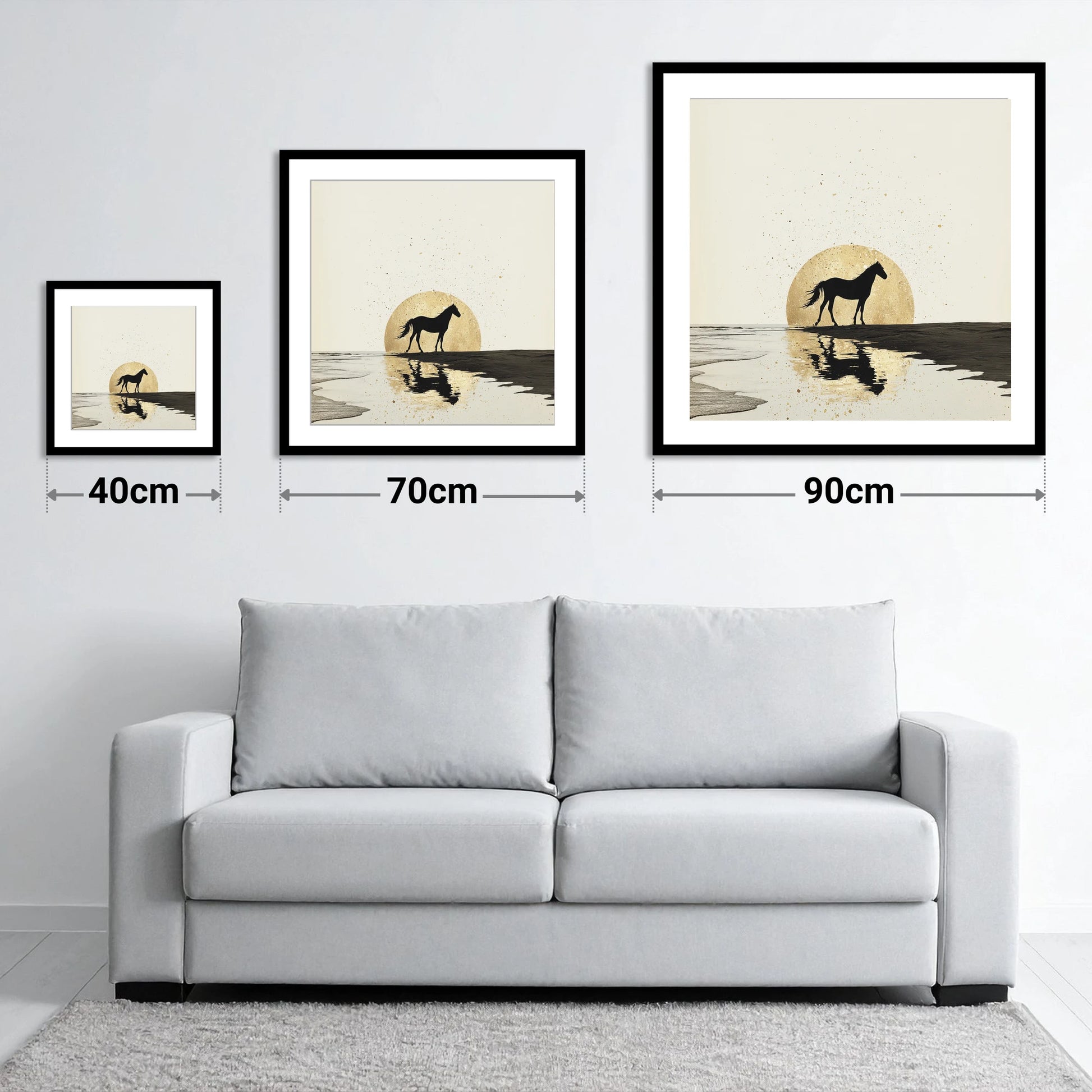 Gilded Shoreline Solitude - size guide showing 40cm, 70cm and 90cm art prints