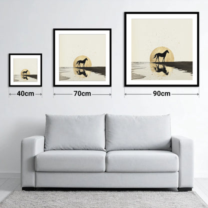 Gilded Shoreline Solitude - size guide showing 40cm, 70cm and 90cm art prints