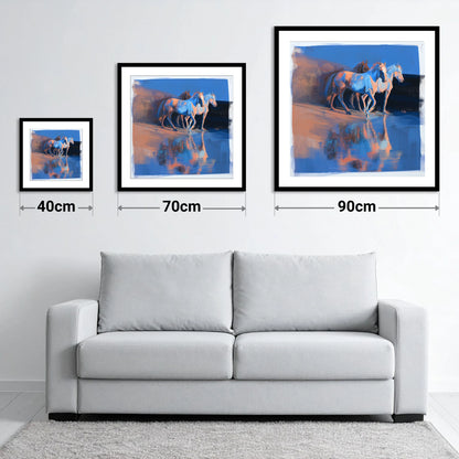 Wild Reflections at Dawn - size guide showing 40cm, 70cm and 90cm art prints
