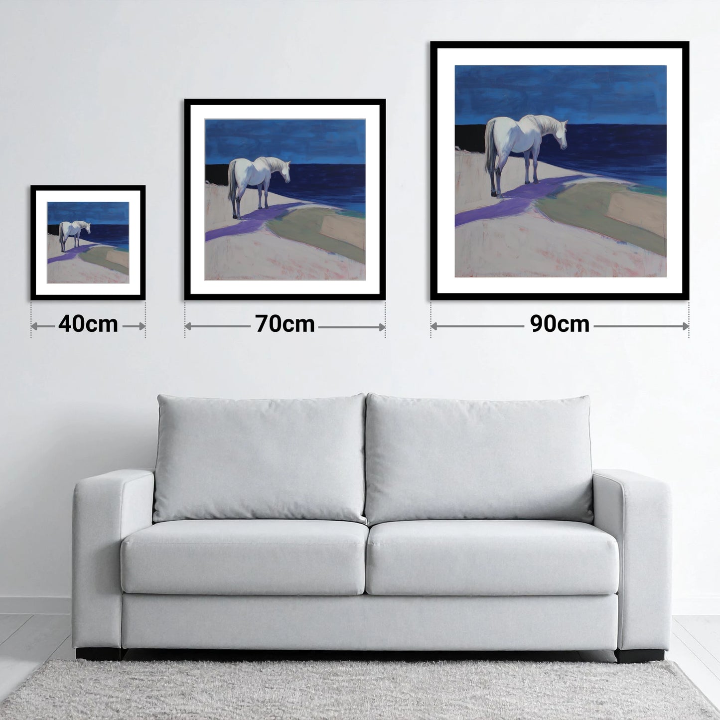 The Quiet Horizon - size guide showing 40cm, 70cm and 90cm art prints