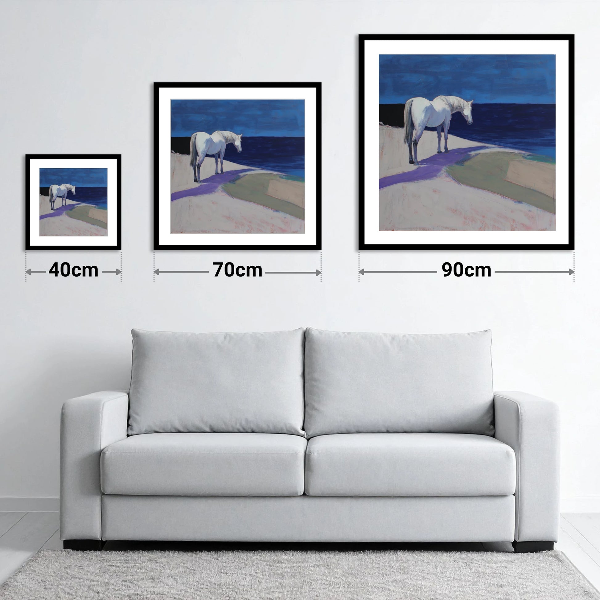 The Quiet Horizon - size guide showing 40cm, 70cm and 90cm art prints
