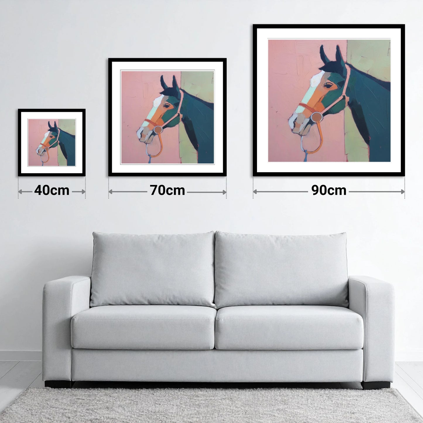 Modern Geometric Profile - size guide showing 40cm, 70cm and 90cm art prints