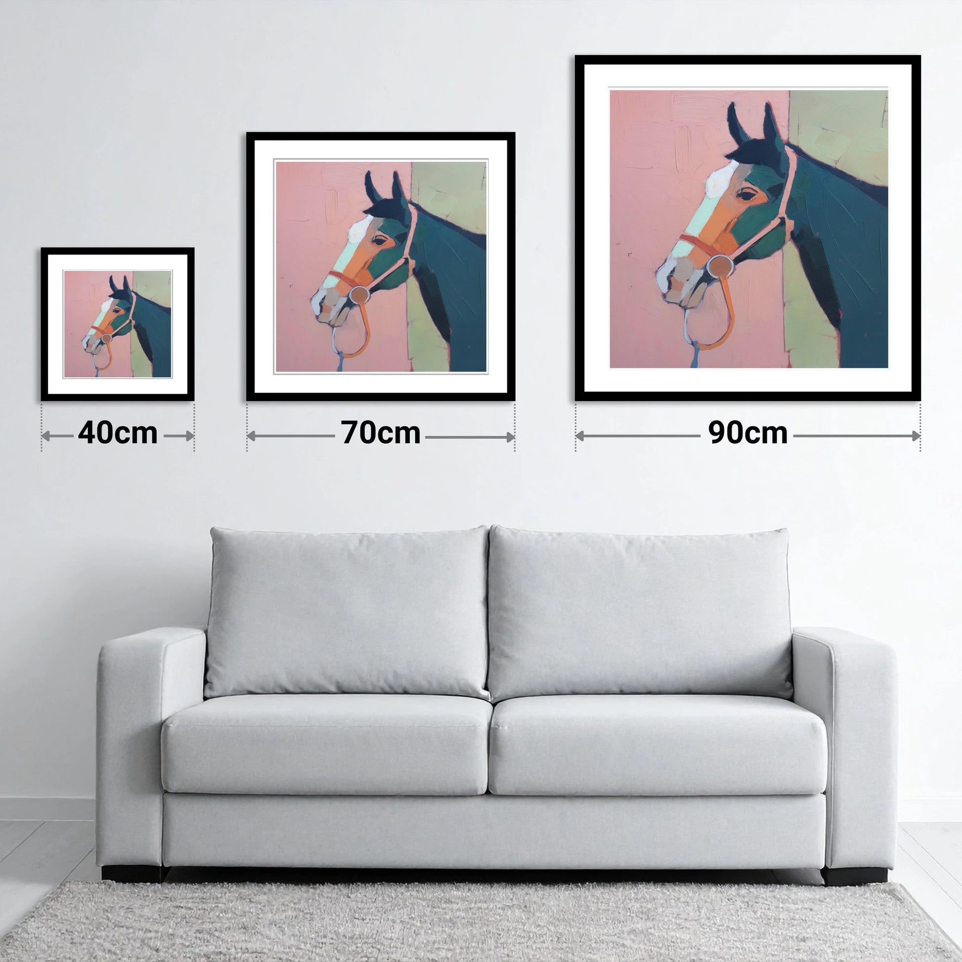 Modern Geometric Profile - size guide showing 40cm, 70cm and 90cm art prints