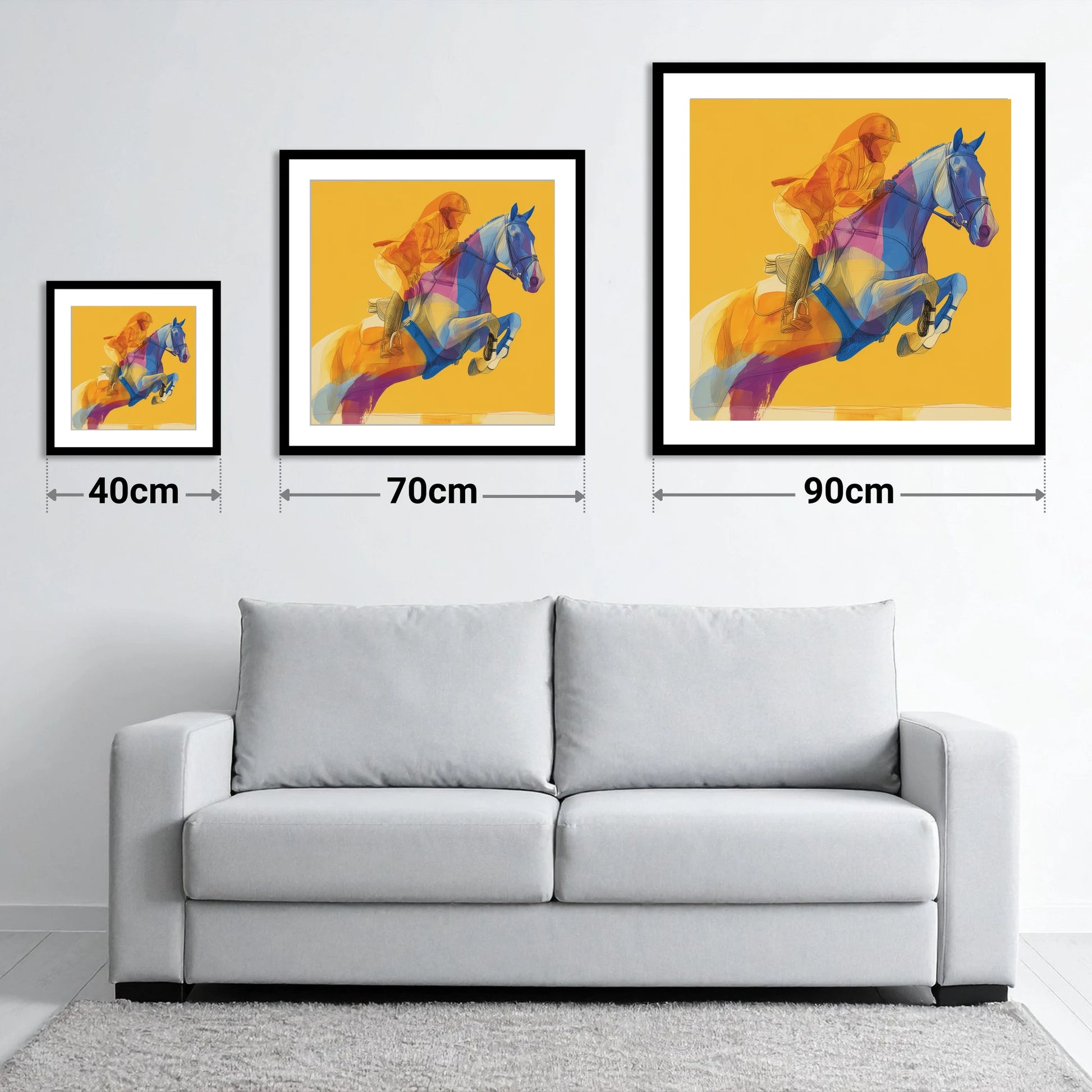 Vivid Ascent - size guide showing 40cm, 70cm and 90cm art prints