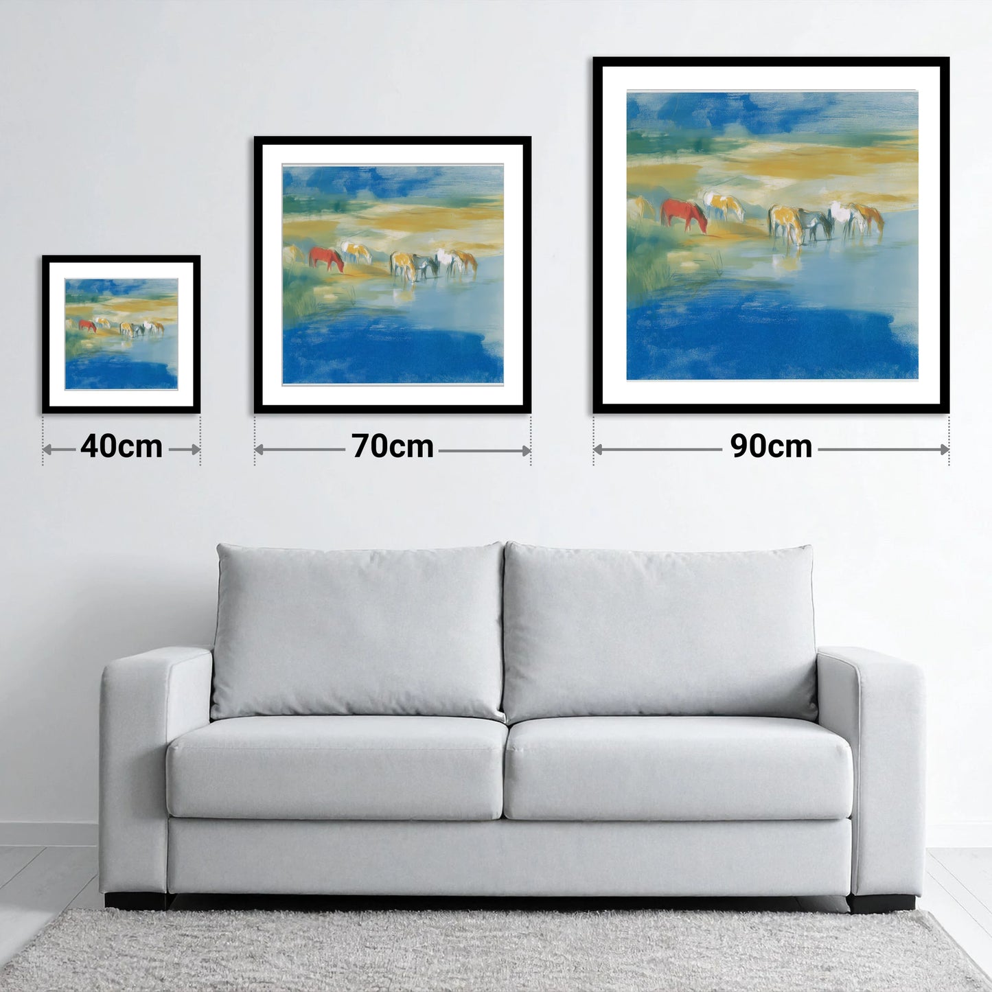 Vivid Watering Hole - size guide showing 40cm, 70cm and 90cm art prints