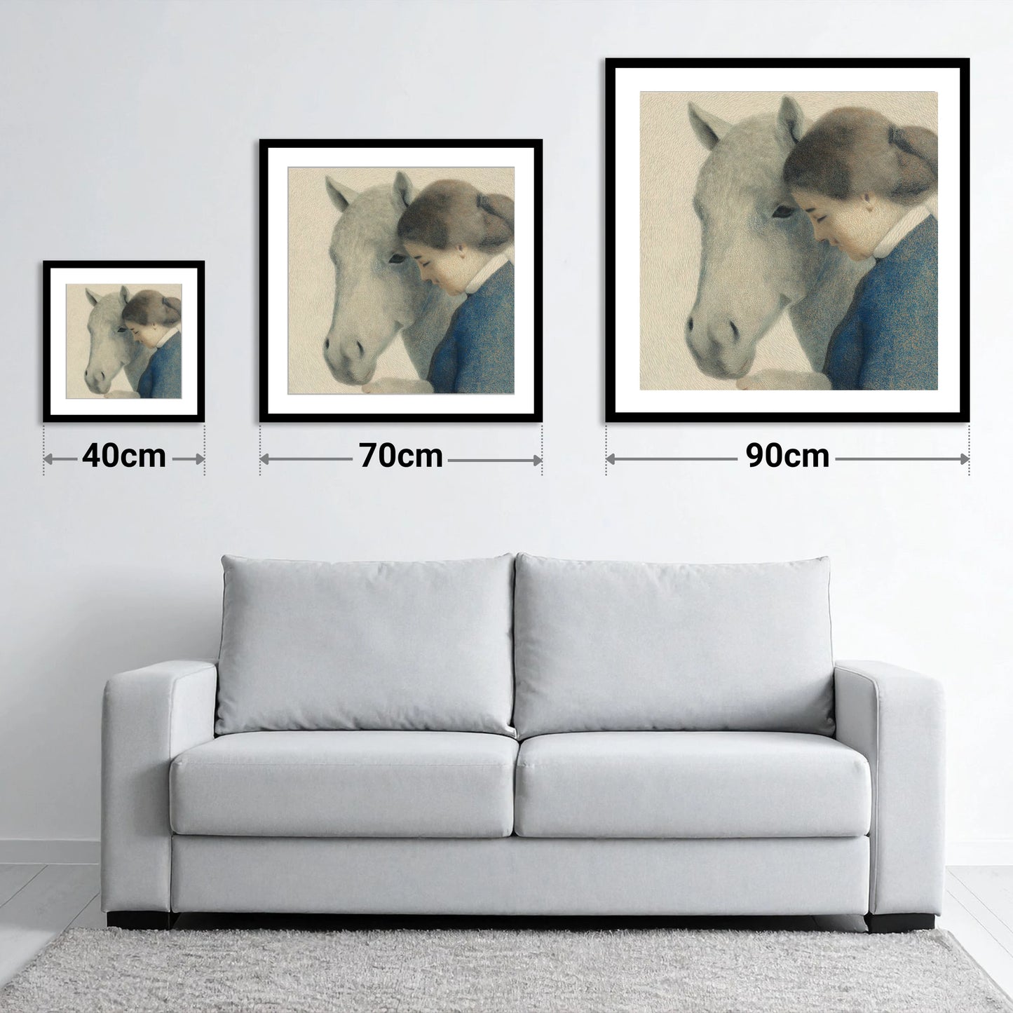 The Silent Understanding - size guide showing 40cm, 70cm and 90cm art prints