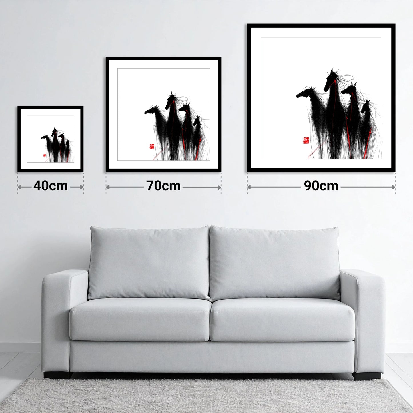 Crimson Thread Herd - size guide showing 40cm, 70cm and 90cm art prints